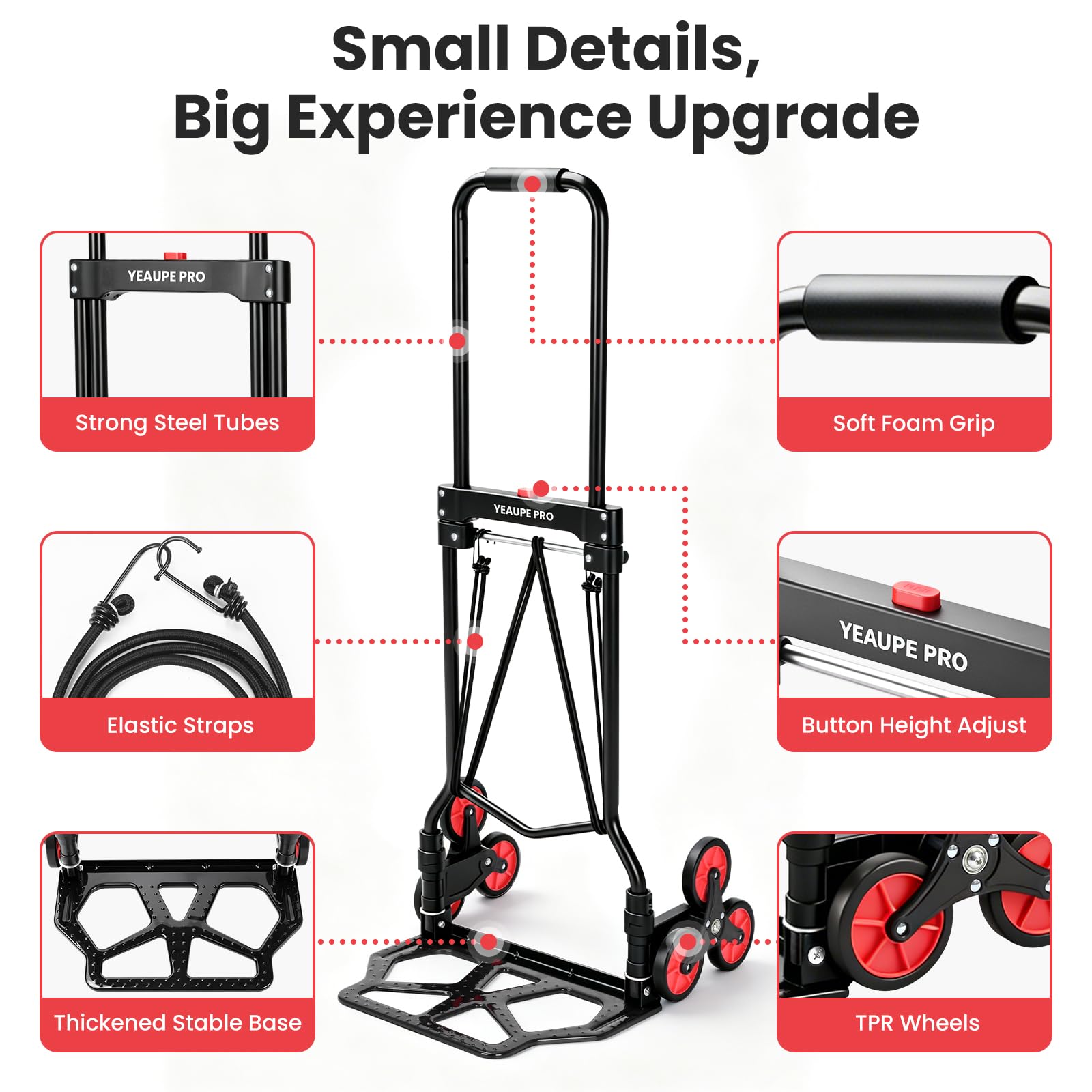 YEAUPE PRO Faltbare Treppensackkarre Höhenverstellbar 50 kg Schwarz | TPR-Rollen, 2 elastische Spanngurte und verstellbarer Griff für Treppen, Umzug, Garten und Transport von Gegenständen
