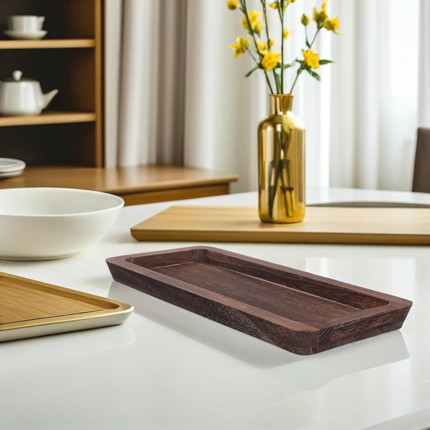 KICHOUSE Rustic Farmhouse Wooden Serving Tray Rectangular Kitchen Decor Platter Decorative Centerpiece for Coffee Table Dining and Entertaining