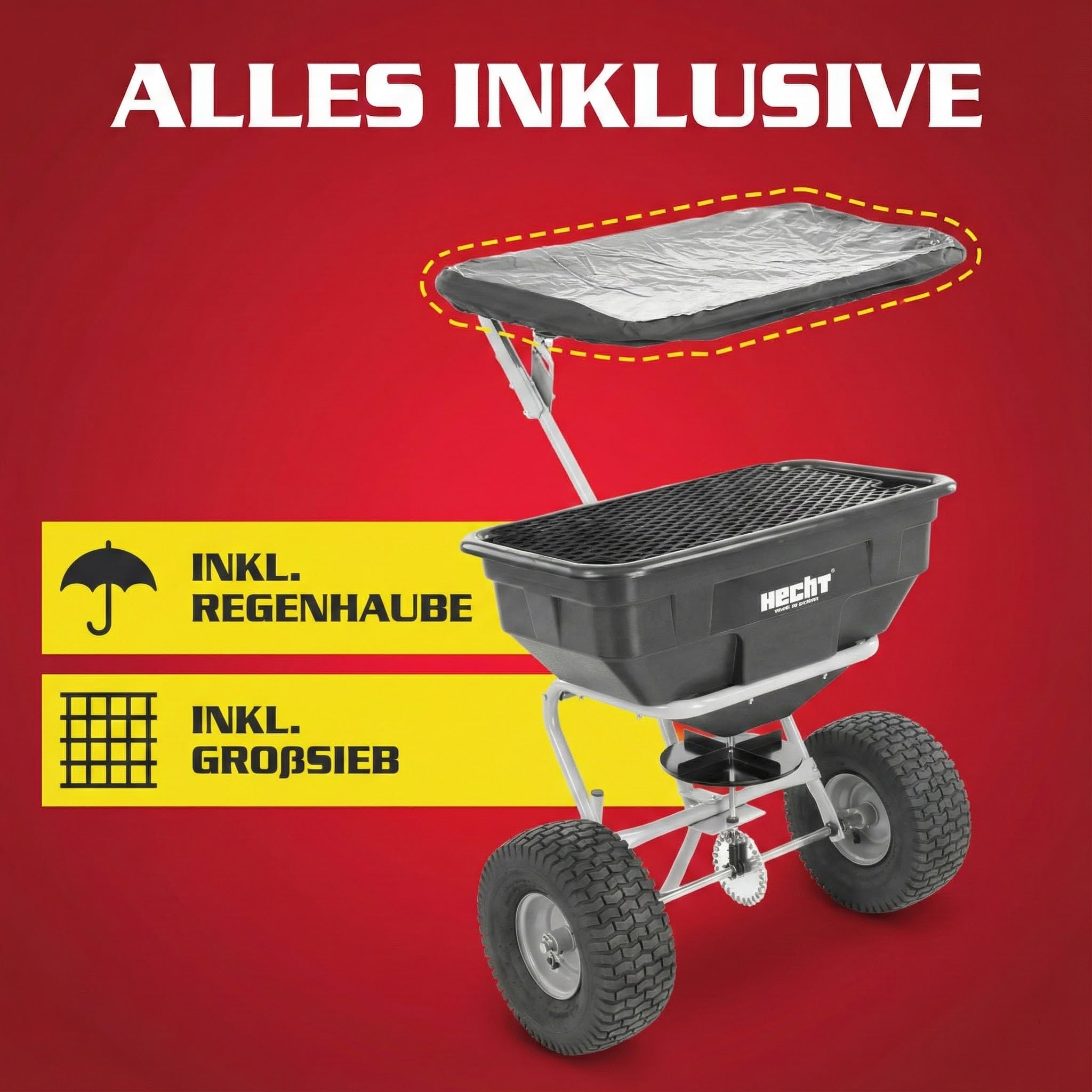 HECHT Ganzjahres Streuwagen 60 L – Düngerstreuer & Salzstreuer | Schleuderstreuwagen mit 3,5 m Streubreite – Rasendüngerstreuer für Sommer, Winter, Garten, Rasen und Gehwege