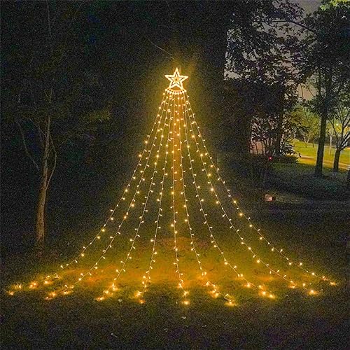 Guirnalda de luces de estrella para decoración de Navidad al aire libre, 350 luces LED solares para árbol de Navidad con estrella de 12 pulgadas, 8