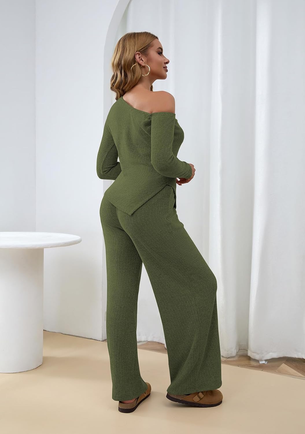 Mrskoala Women Two Piece Outfits Sets Lounge Off Shoulder Wide Leg Pant Tracksuit - Image 3