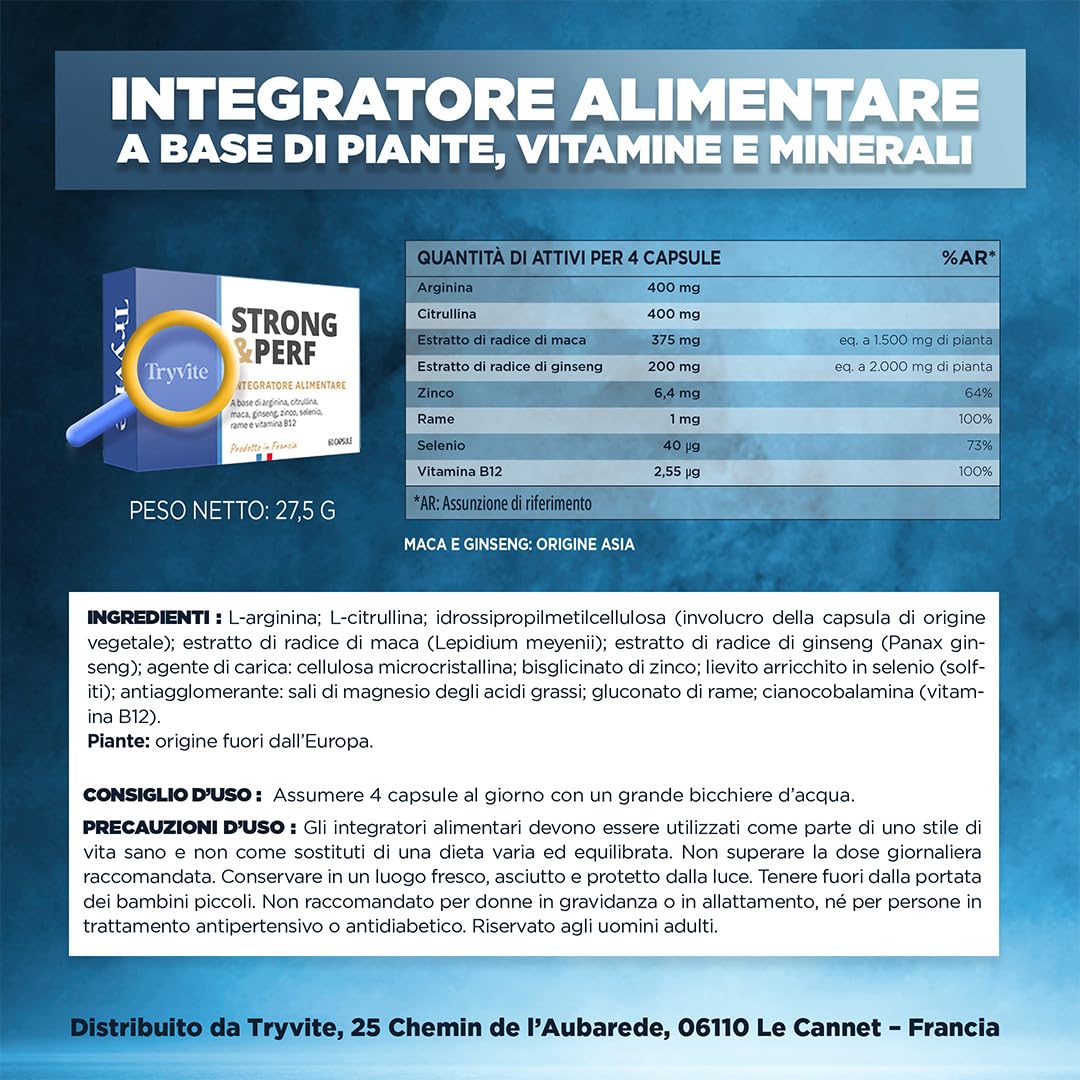 Formula Pratica per Uomini Attivi | 60 Capsule con Ginseng, Maca, Arginina, Citrullina e Zinco | TRYVITE STRONG&PERF