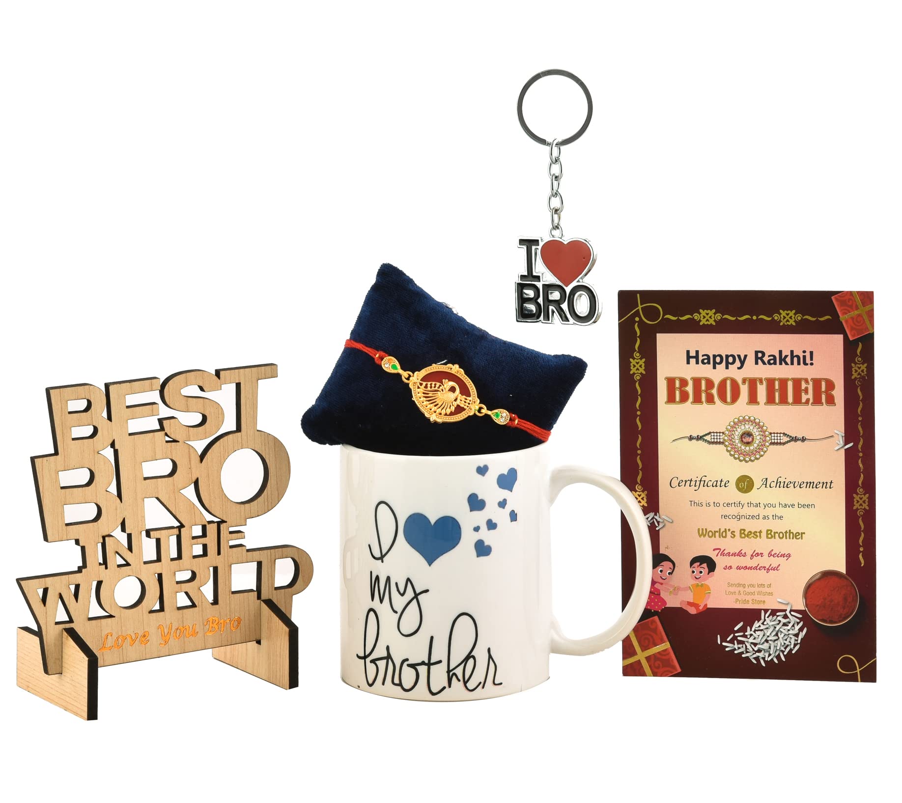 Pride Store Rakhi for Brother Rakhi, Mug, Greeting Card, Showpiece, Key Ring Set (1 I Love My Bro Mug,1 "Bro Rakhi,1 iLuv Bro Keychain, 1 Showpiece,1 Card, 1Tilak) (B0B676PDS7) Amazon Price History, Amazon Price Tracker