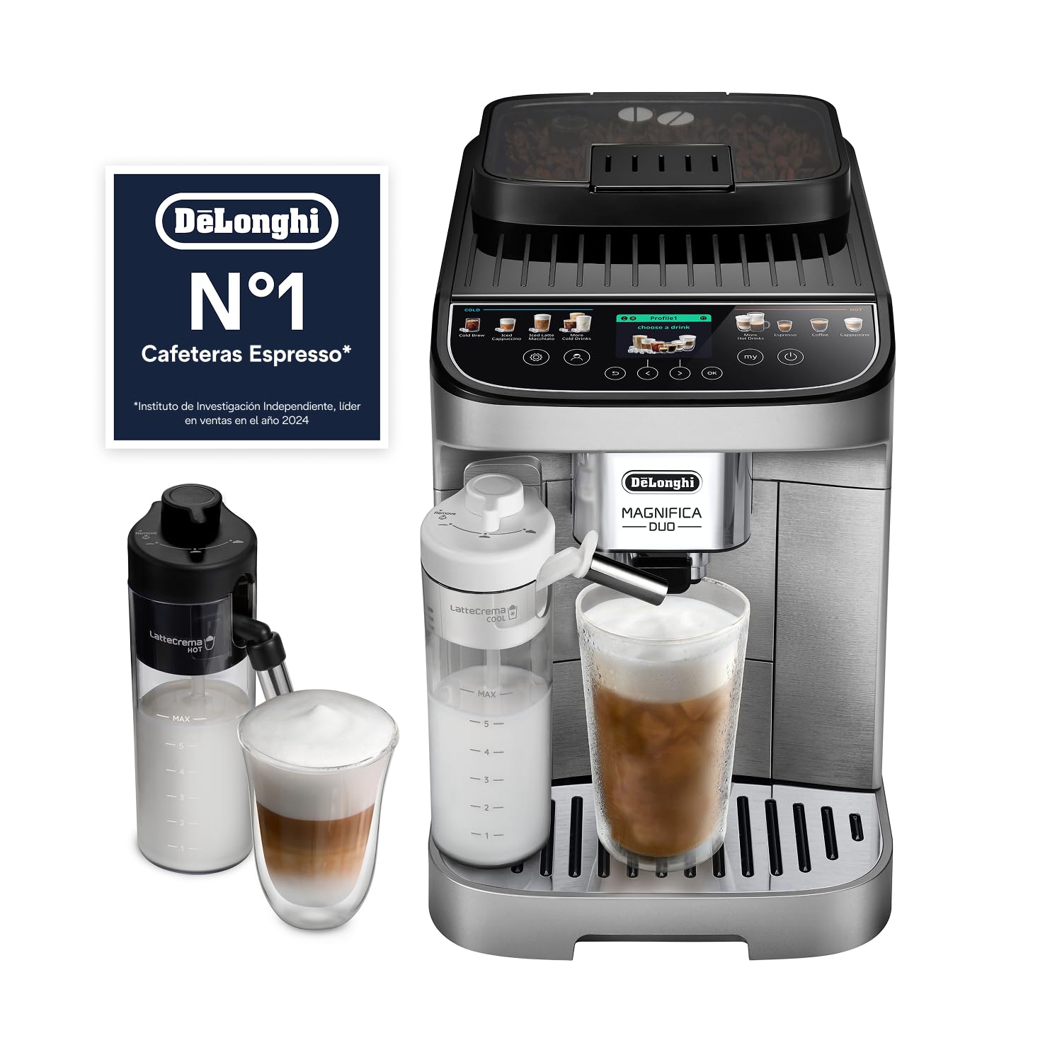 De’Longhi Magnifica Duo – Perfetto Cafetera Superautomática con Sistema LatteCrema, Espumador de Leche Automático, 20 Bebidas Frías y Calientes, Pantalla a Color, Plateado Cepillado (ECAM332.80.SXB)