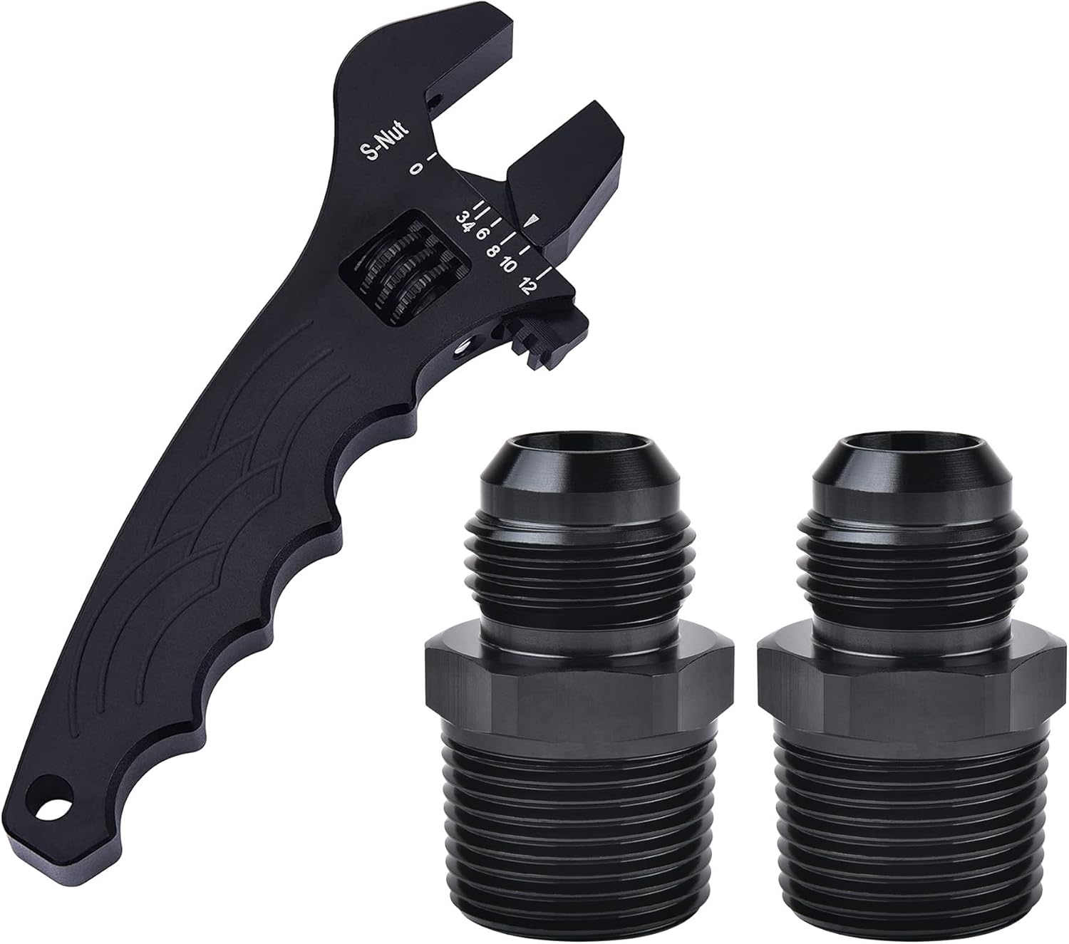 EVIL ENERGY 10AN Male to 3/4" NPT Pipe Fitting Straight 2PCS Bundle with Adjustable 3AN-12AN Wrench Aluminum Black
