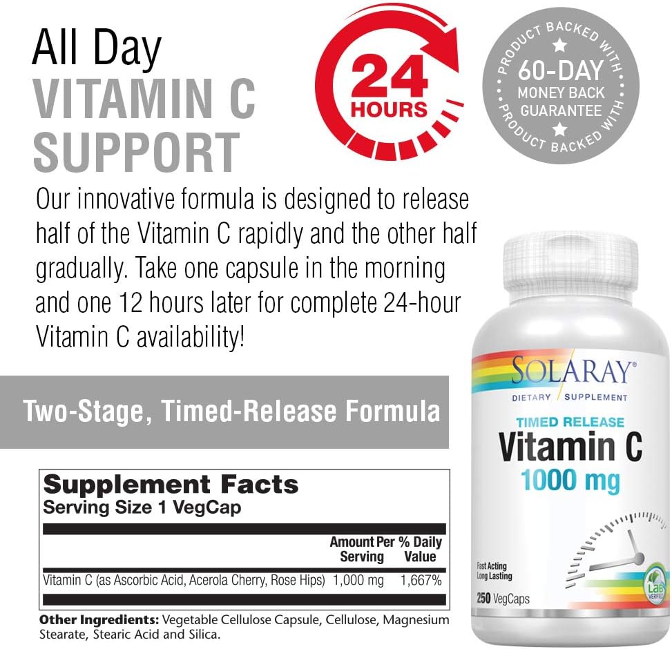 Solaray Vitamin C w/Rose Hips & Acerola | 1000mg | Two-Stage Timed-Release Healthy Immune Function (275 VegCaps) : Health & Household