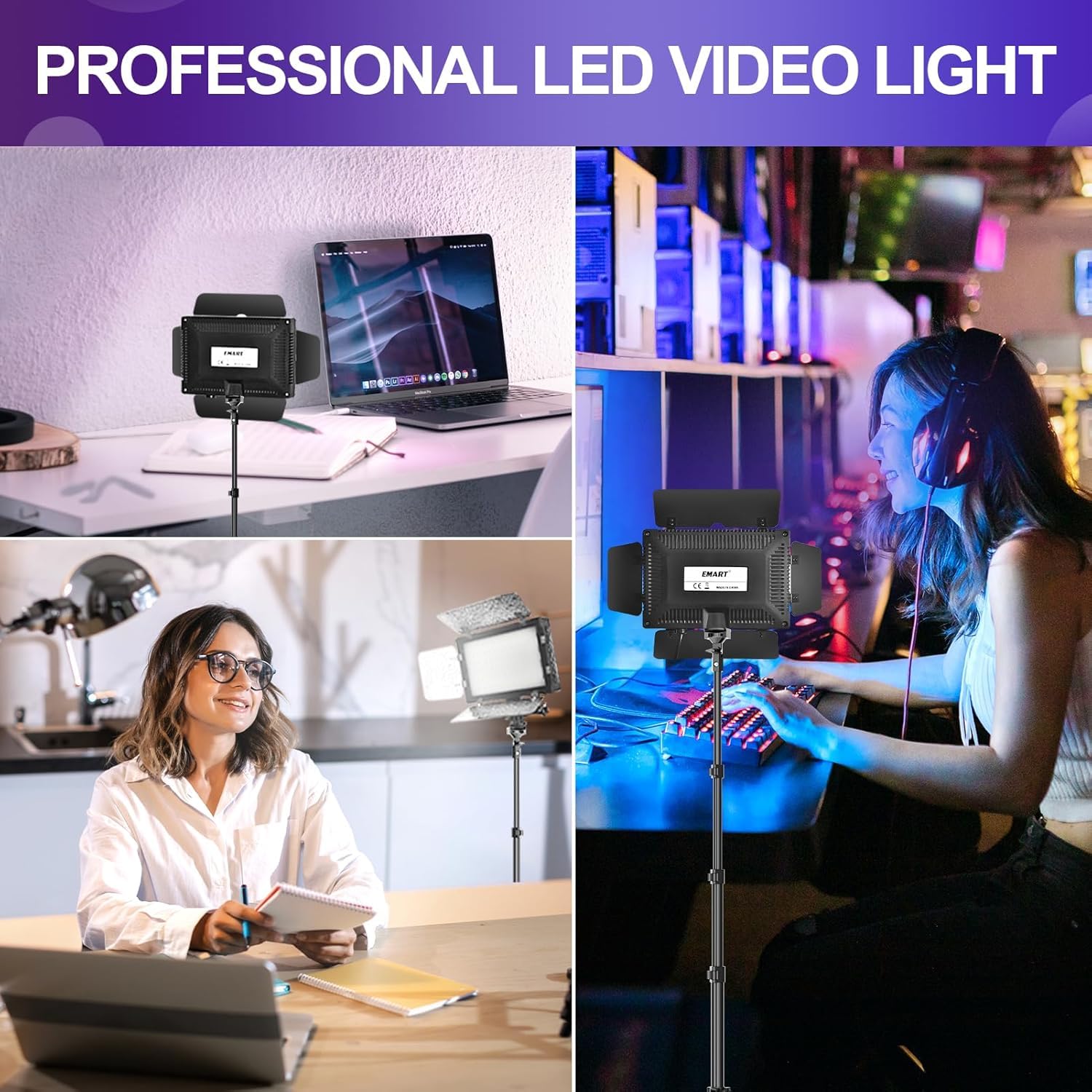 Upgraded 2 Packs LED Video Licht, EMART Dimmbare Videoleuchte mit Barndoor und 9 Farbfiltern, 5500K 66 LED Fotografie Beleuchtung für Videoaufnahme, Streaming, YouTube, Fotostudios, Shooting