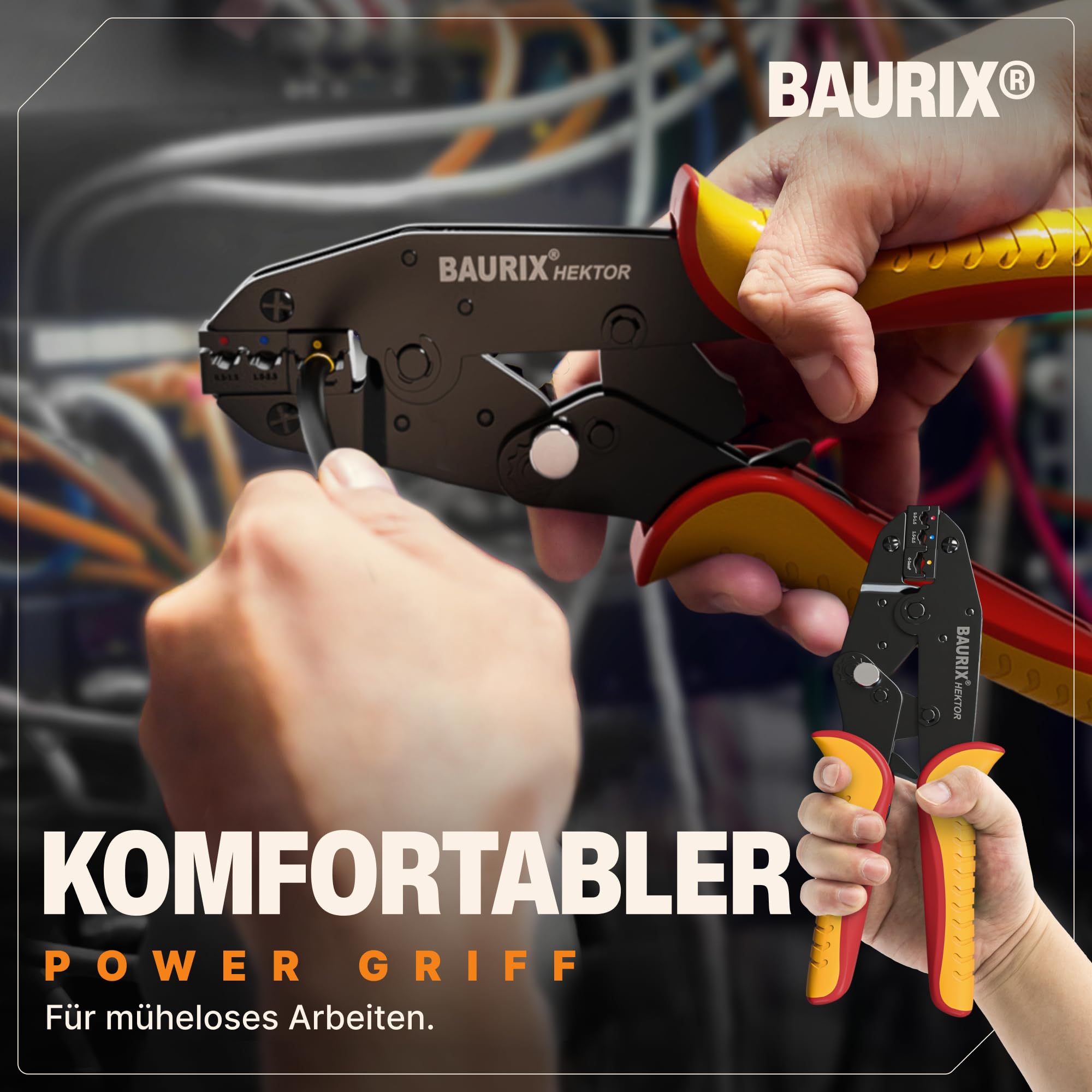 BAURIX® Crimpzange mit 700 Kabelschuhe Set – für diverse Verbinder-Arten – Regelbare Crimpkraft für 0,5–6 mm² – Elektriker Werkzeug – HEKTOR