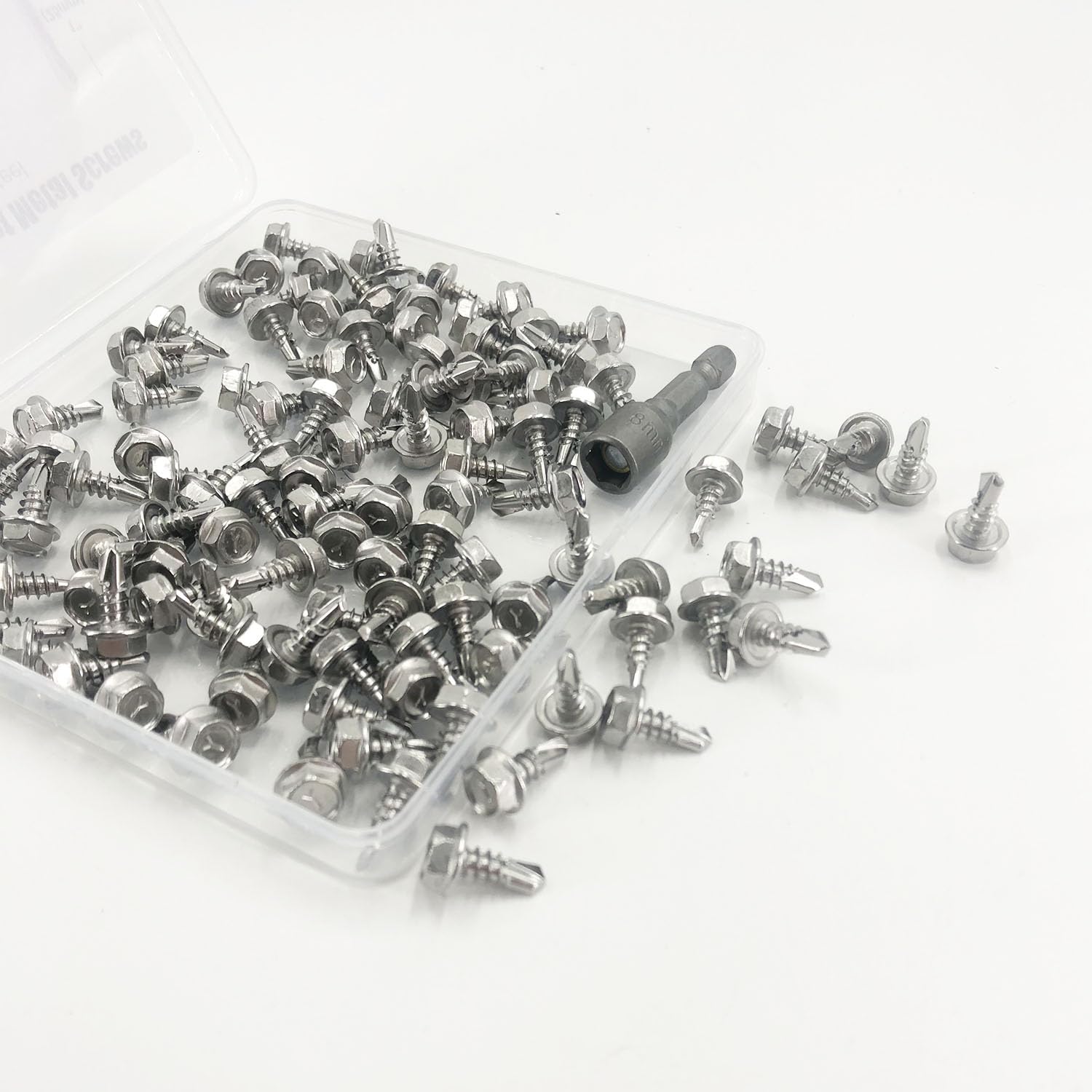QSJ 110Pcs #10 x 1/2'' Sheet Metal Screws 410 Stainless Steel Hex Washer Head Fast Self Tapping Screws with Screwdriver Bit Silver