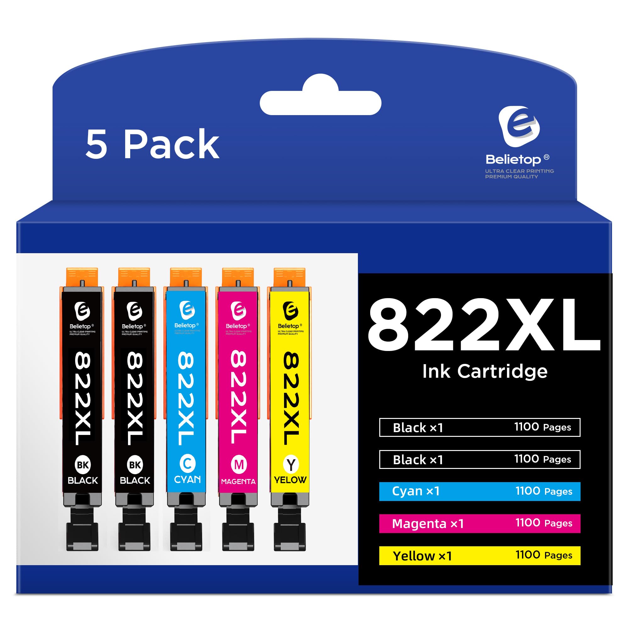822XL Remanufactured Ink Cartridges Combo Pack Compatible with 822XL 822 XL High Yield Ink Cartridge to use with WF-3820 WF-3823 WF-4820 WF-4830 WF-4833 WF-4834 Printers-5 Pack (BK/C/M/Y)