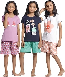 T2F Girls Cotton Printed Regular FitTop and Shorts Set Clothing Set (Pack of 3)