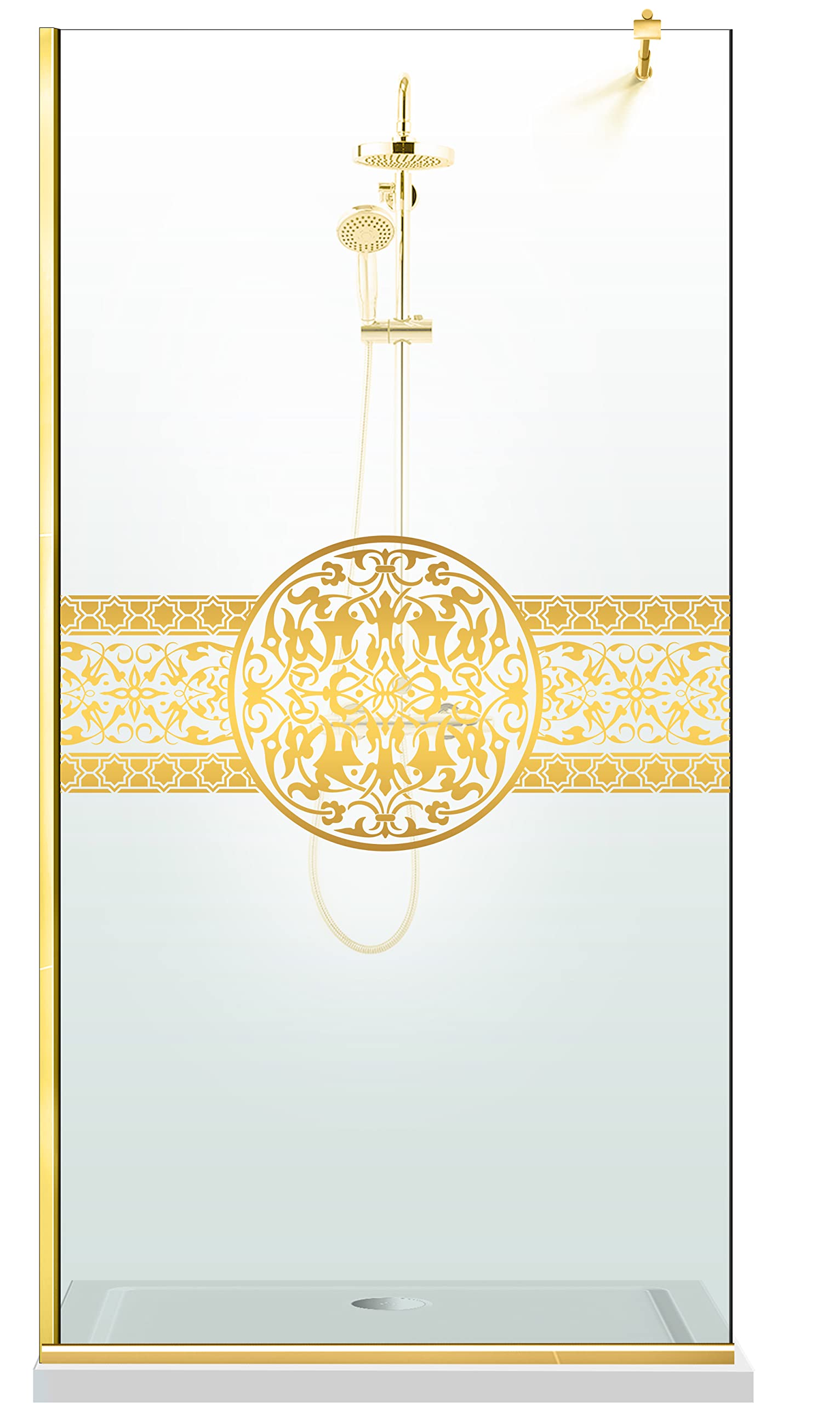 Aqua Roy Gold, modelo Doha MEDALION Golden, tamaño 90 cm desde 70/80/90/100/110/120, mampara de ducha, cristal transparente de 8 mm, con patrón de chorro de arena nano recubierto (90 x 195 cm)