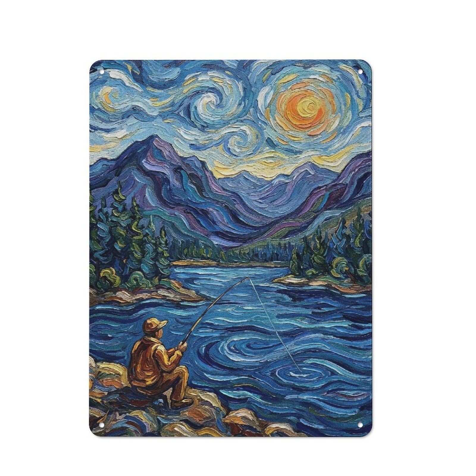 Fishing by The Lake, Starry Night Everyday Metal Wall Decor 40x30cm, Decorative Tin Plaque for Flat, Dorm Room, Lounge Or Cafe