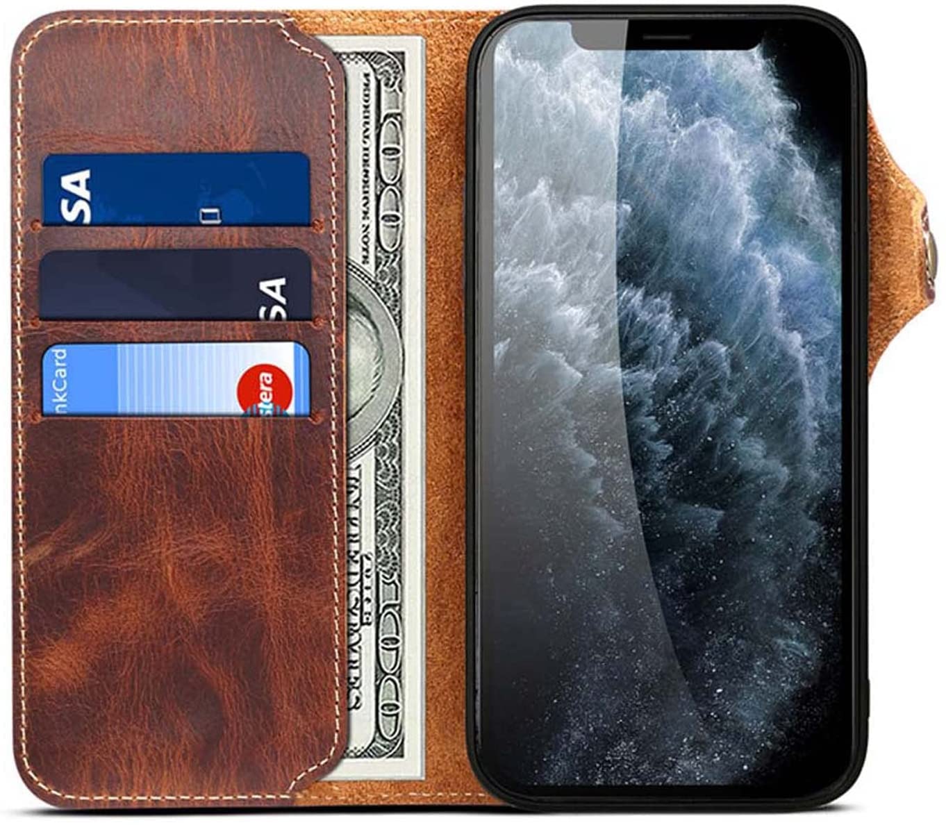 Housse cuir iPhone 13 Pro étui portefeuille rétro marron résistant