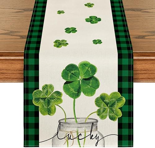 Artoid Mode Lucky Shamrock - Camino de mesa para el día de San Patricio, color verde primavera y negro, búfalo a cuadros, decoración de mesa de