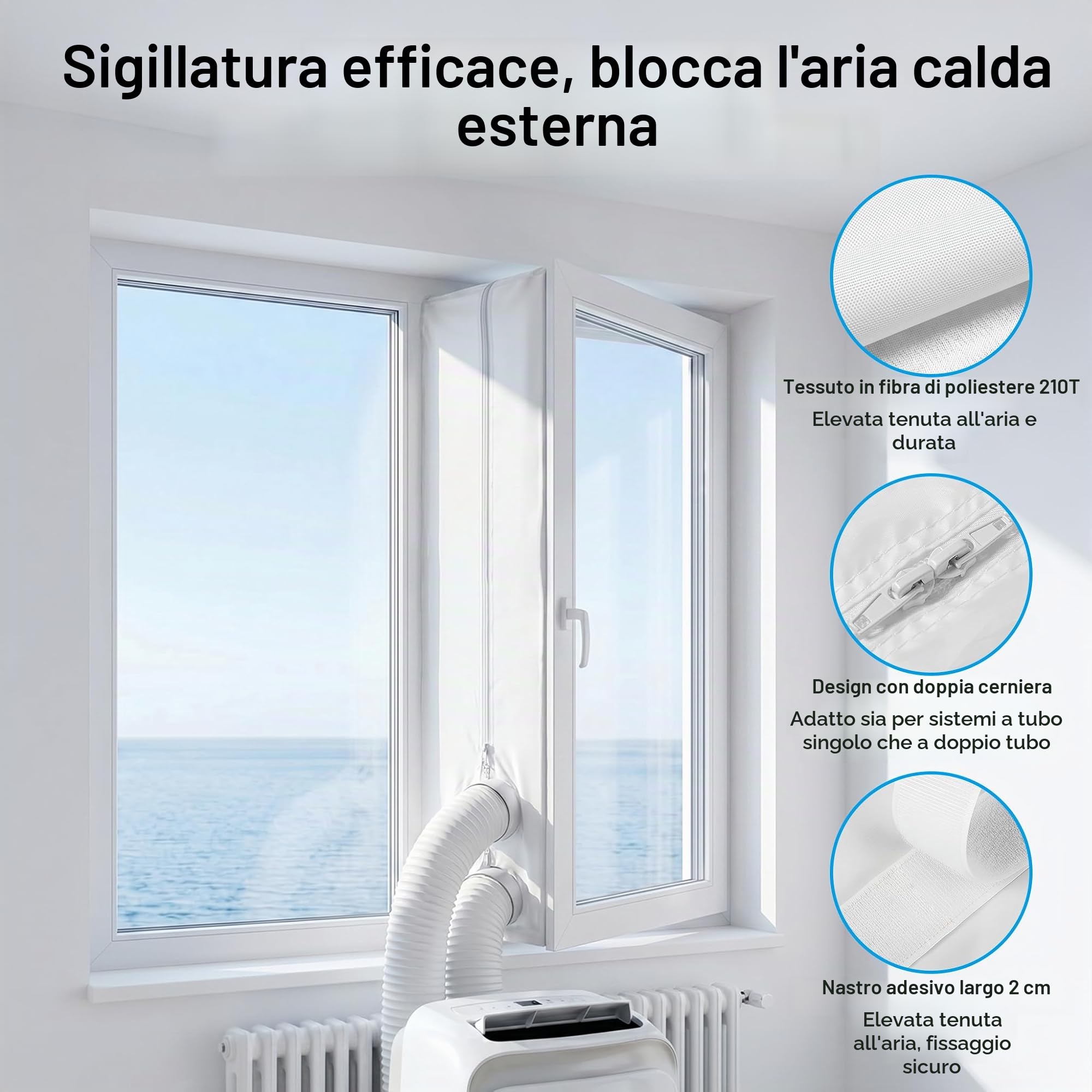 Guarnizione Finestre per Condizionatore Portatile Adesivo con Cerniera 3m | Tenda per Climatizzatore Anti-Scivolo Lavabile