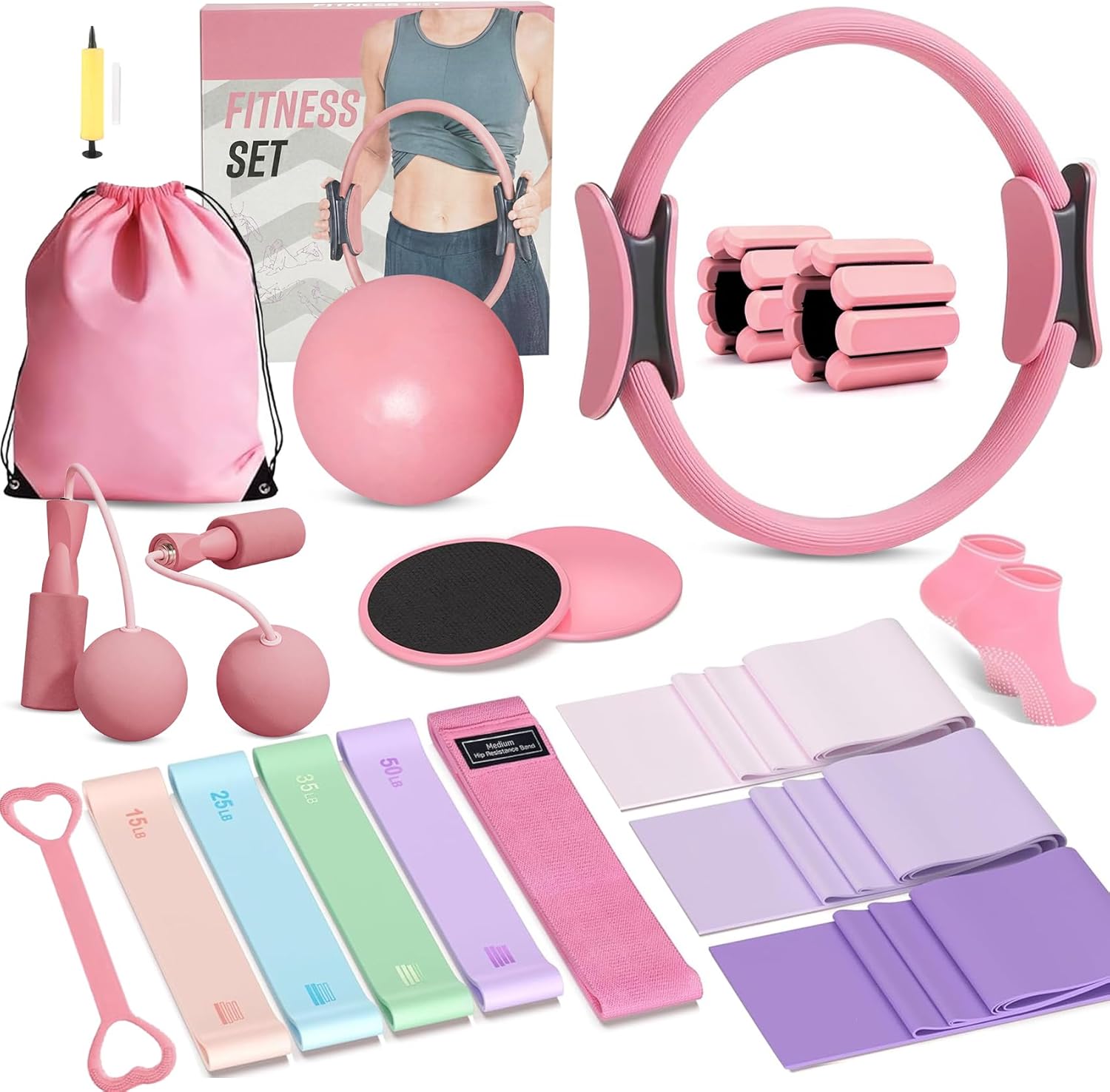 Home Pilates Kit 20 PCS, Pilates Equipment with Pilates Ring and Ball, 9 Level Resistance Bands, Jump Rope, Ankle Weights,Sliders & Grip Socks Accessories for Starter Home Workouts