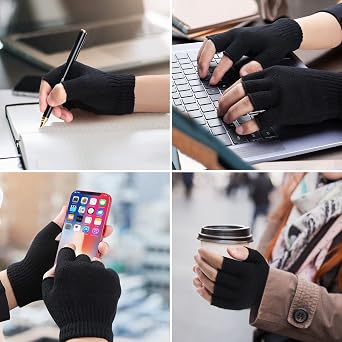 Black Fingerless Knitted Gloves for Men, Women & Kids - Thermal Winter Half Finger Gloves, One Size