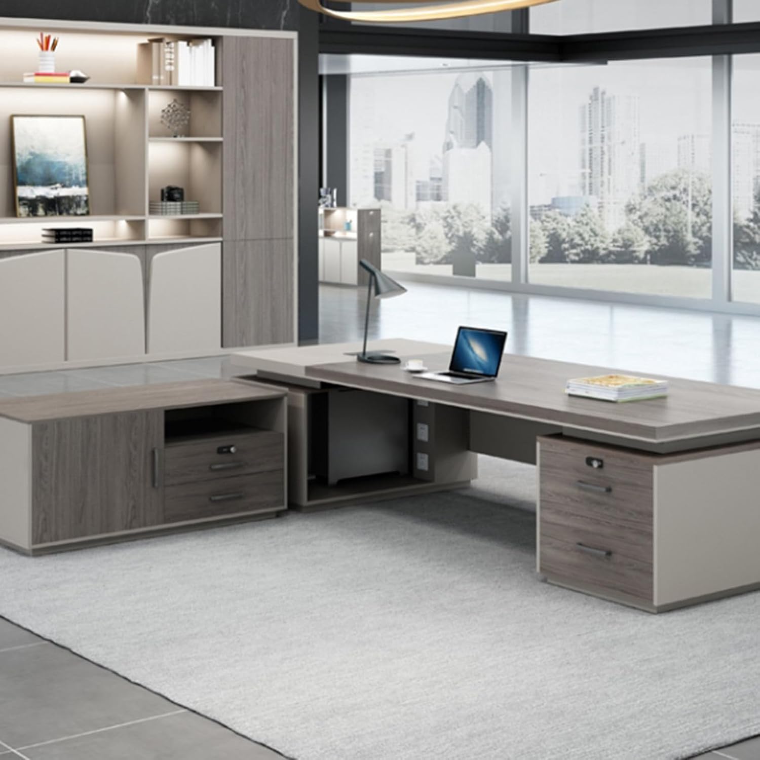 Brown L Shaped Computer Desk Executive Office Desk with File Drawers Writing Study Table Business Furniture Set for CEO Boss