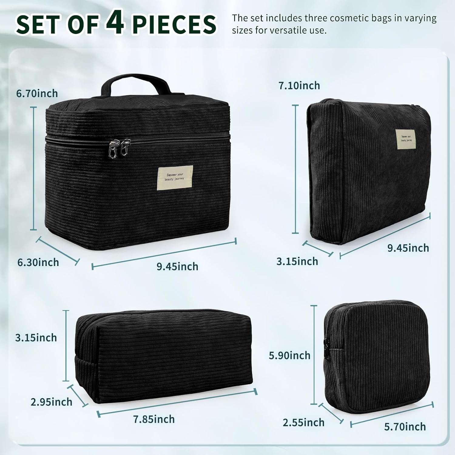 4 Pcs Makeup Bag for Women Corduroy Cosmetic Bag Aesthetic Cute Bags Multi Size Purse Pouch Travel Toiletry Bag Set Makeup Organizer with Zipper(Black) - Image 3
