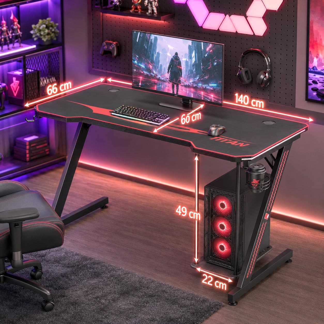 MY SIT Gaming Tisch 140 cm Titan Farbwechsel LED Beleuchtung - Kopfhörerhalter PC-Halter Getränkehalter - Leistungsstarkes Kabelmanagement - Schreibtisch Gaming Computertisch in Schwarz