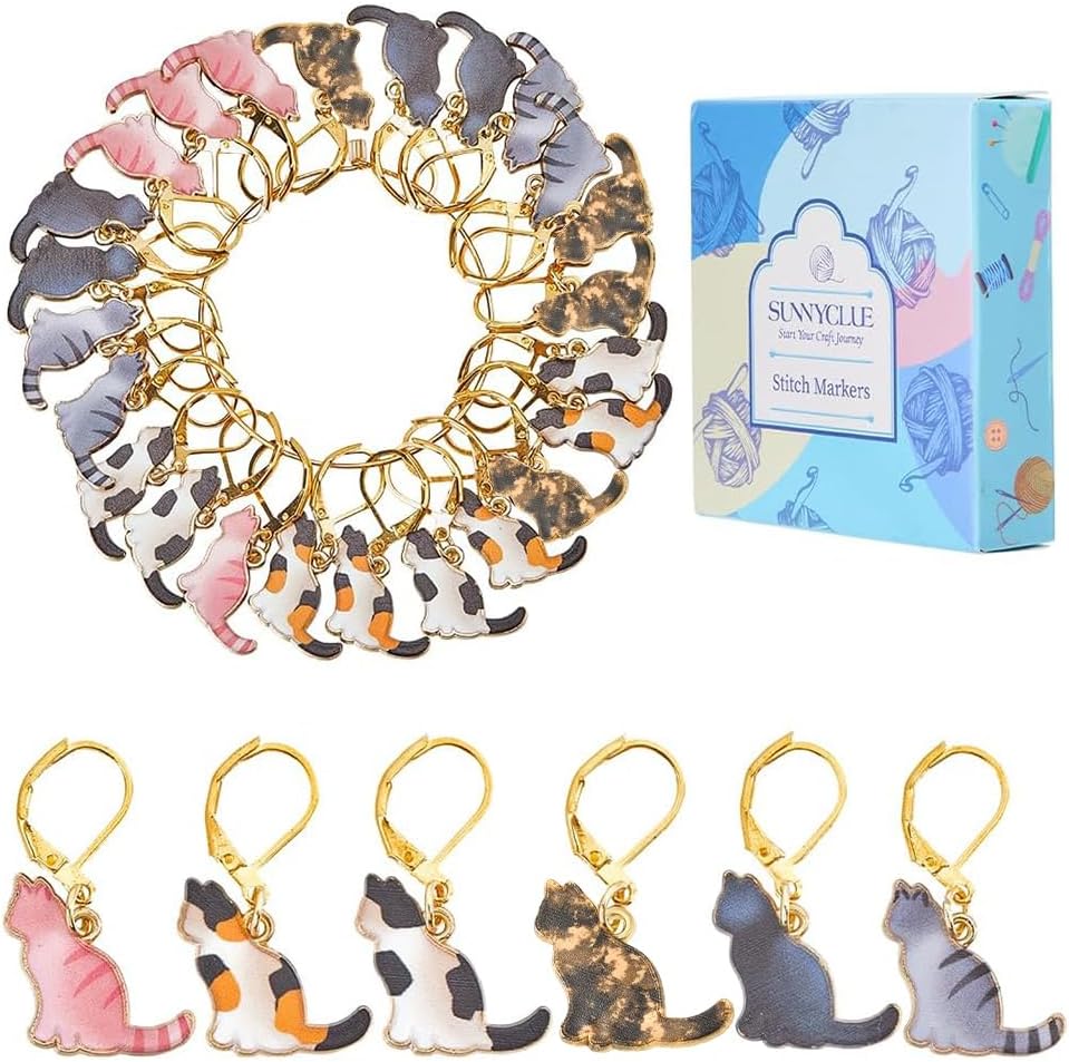 SUNNYCLUE 1 Box 24pcs Crochet Stitch Markers Cat Crochet Marker Charms Alloy Enamel Cute Funny Animal Gold Locking Clips Clasps Charm for Crocheting Knitting Weaving Jewelry Making DIY Accessories