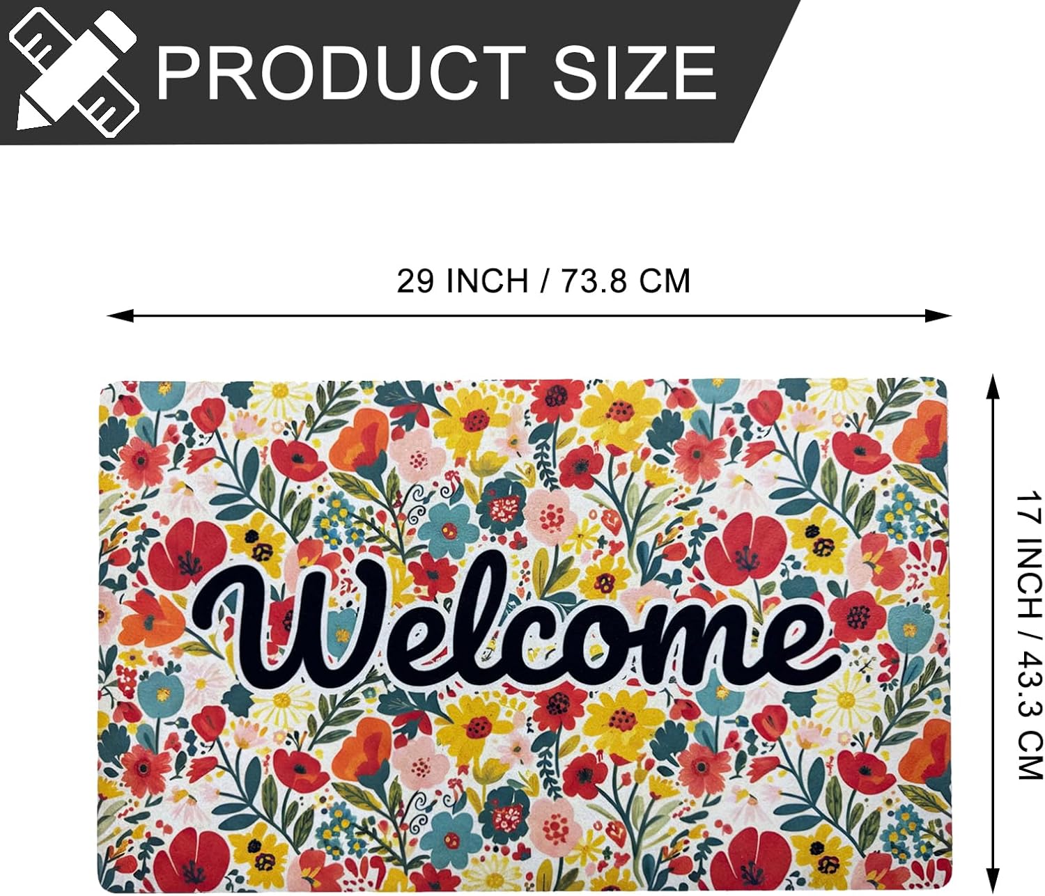 Welcome Mat 17x29 Inch Spring Summer Outdoors Indoors Front Door Mat, Low Profile Doormat for Outside Inside Home Entrance, Non Slip Rubber Back Floor Rugs for Entryway, Spring Flower