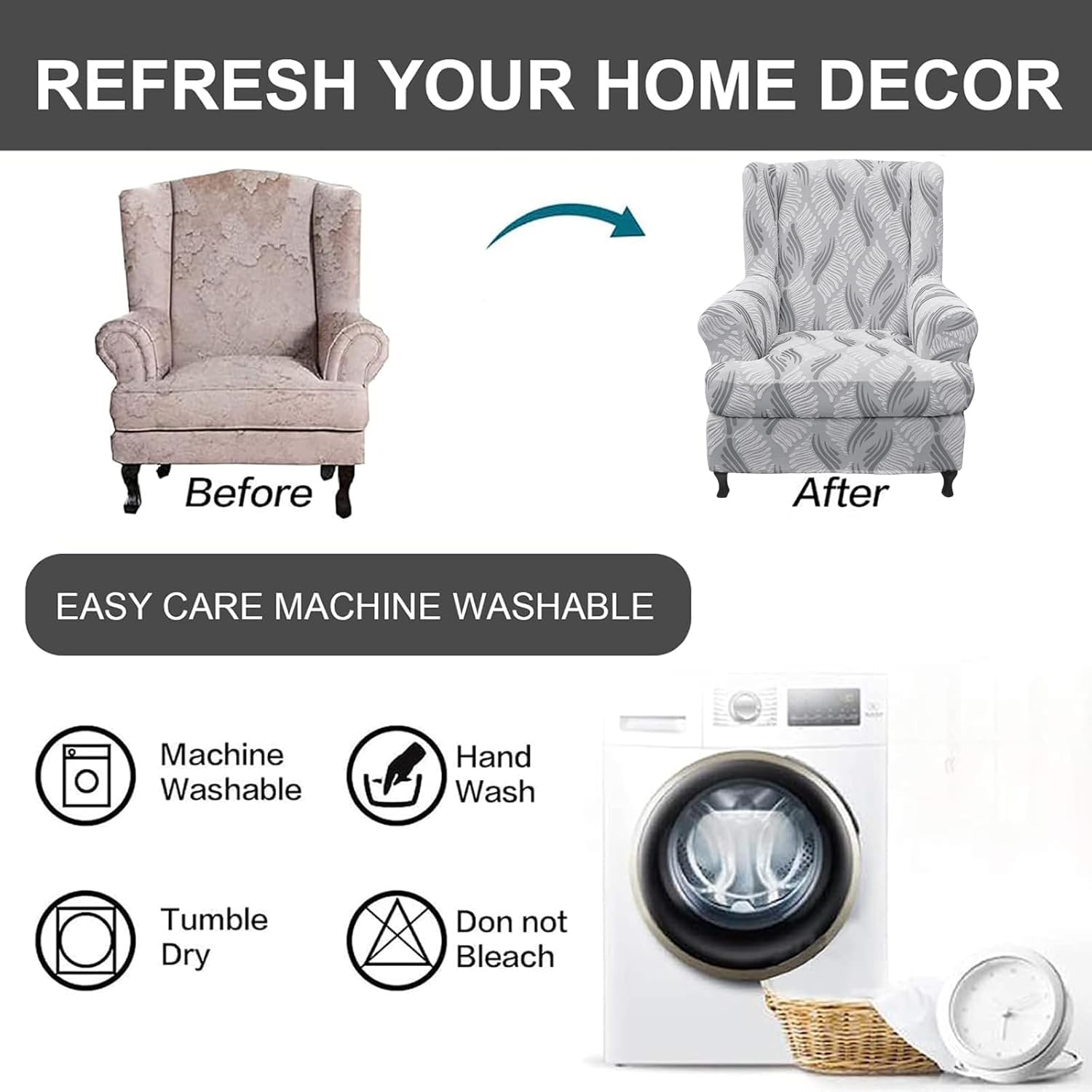 Eco-Ancheng Wingback Chair Cover Wingback Chair Slipcover 2-Piece Wingback Sofa Slipcover Wingback Armchair Slipcovers Furniture Protector with Elastic Bottom for Living Room Bedroom Wingback Chair,49