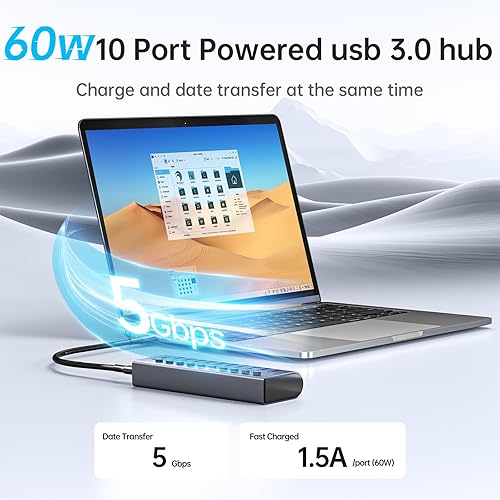 Miniatura 5 de SSK Hub USB 3.0 alimentado por 10 puertos, concentrador de carga USB de aluminio de 60 W con adaptador de corriente DC 12V5A, soporta carga rápida