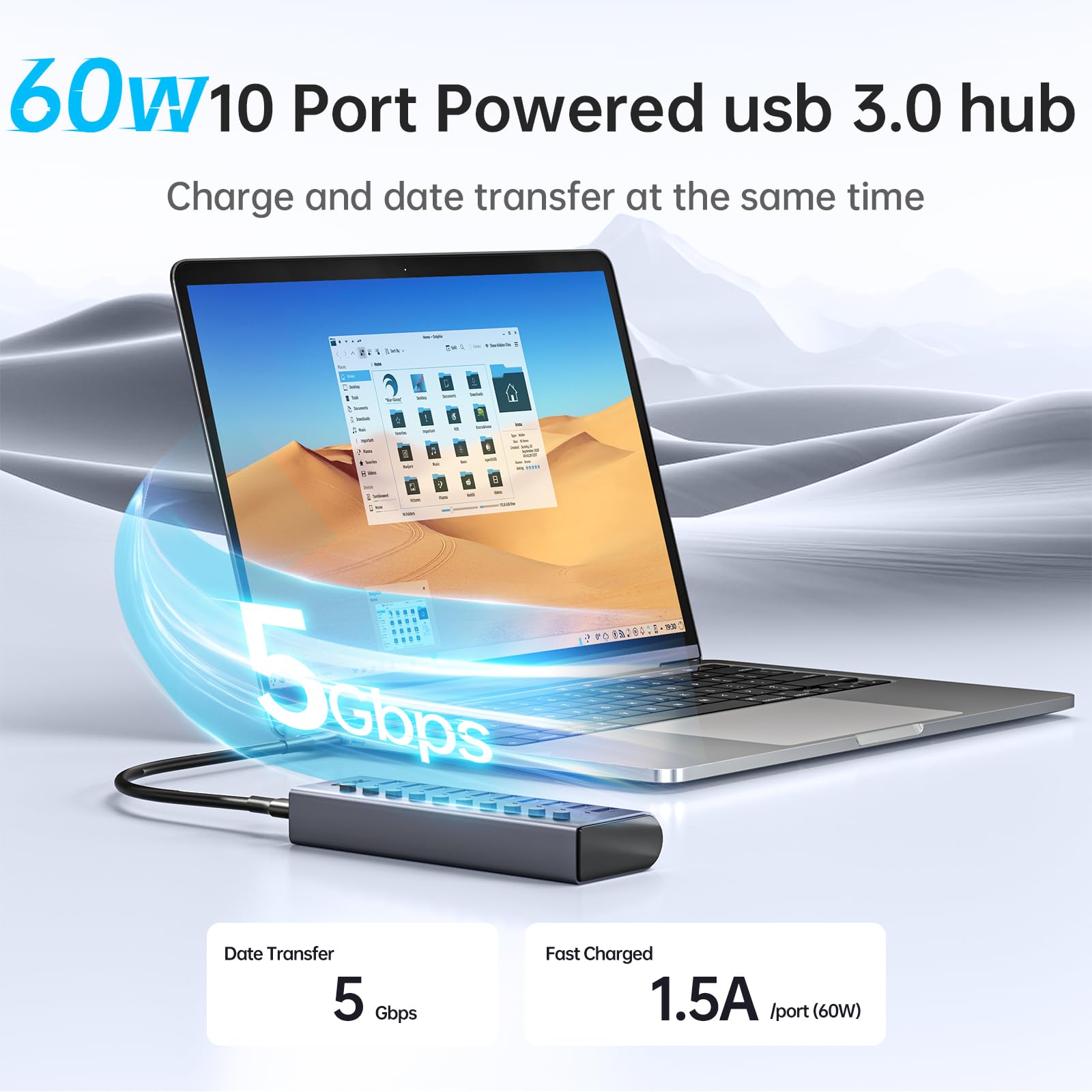 SSK Hub USB 3.0 alimentato a 10porte, splitter di estensione USB in alluminio con interruttori e LED individuali, hub di ricarica USB a 5 Gbps di dati con adattatore DC12V5A e cavo da 3,93 piedi