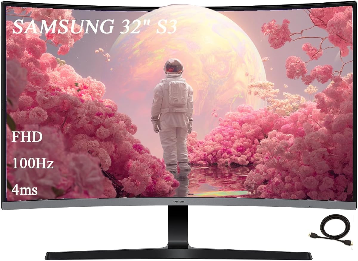 Samsung Monitor curvo Samsung 32" S3 Series FHD 1800R, modo juego, 100 Hz, modo protector de ojos, conectividad múltiple, parlantes integrados, negro, con cable HDMI