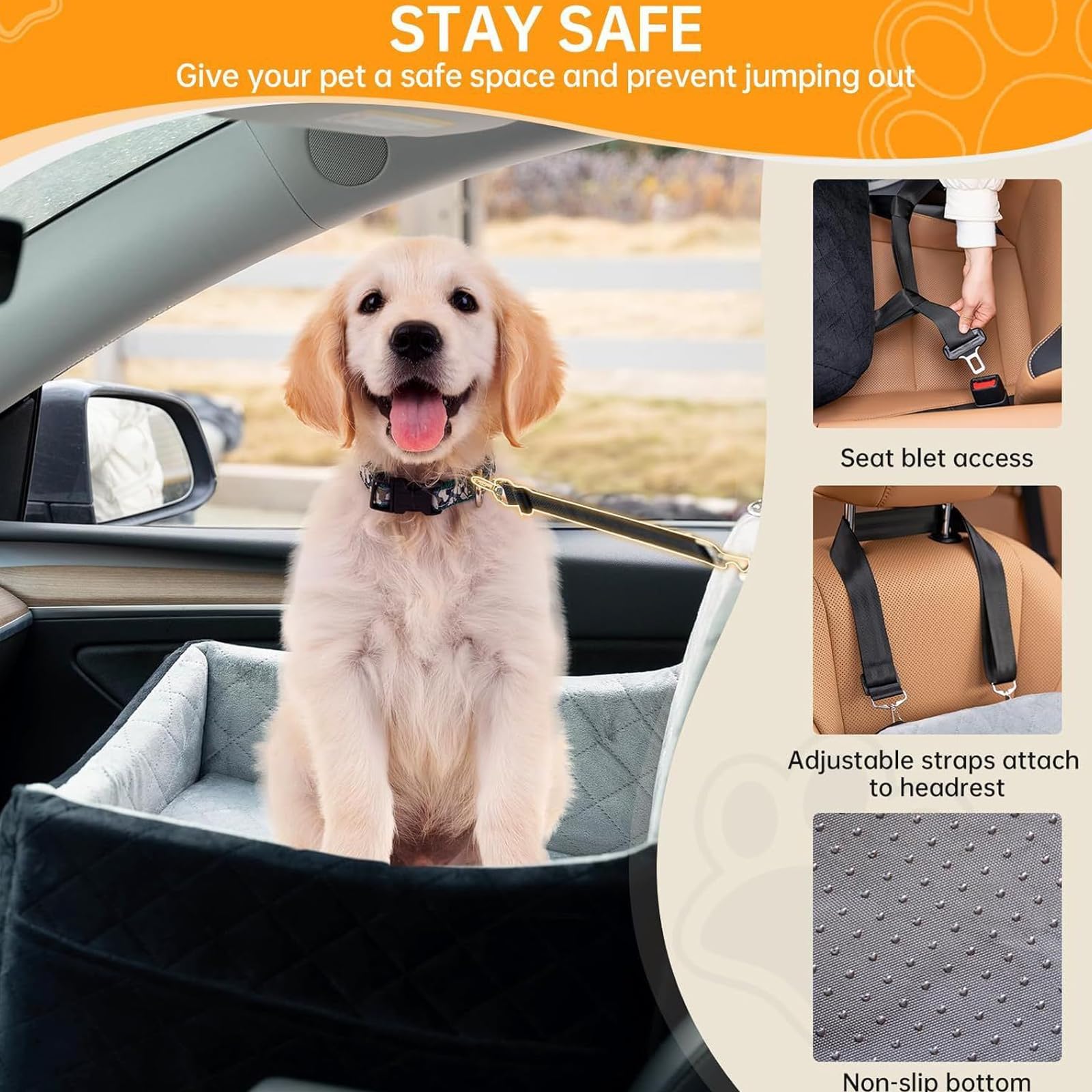 Asiento de Seguridad Antideslizante para Mascotas Que Garantiza un Transporte Seguro con cinturón Regulable y Base para Perros pequeños en Asiento de Viaje para Mascotas en vehículo