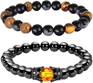 2Pcs Anti Anxiety Obsidian Bracelets for Women Men Lymphatic Drainage Hemios Hematite Elastic Bangles Sets Yoga Beads Stress Relief Bracelets Anklet(B)