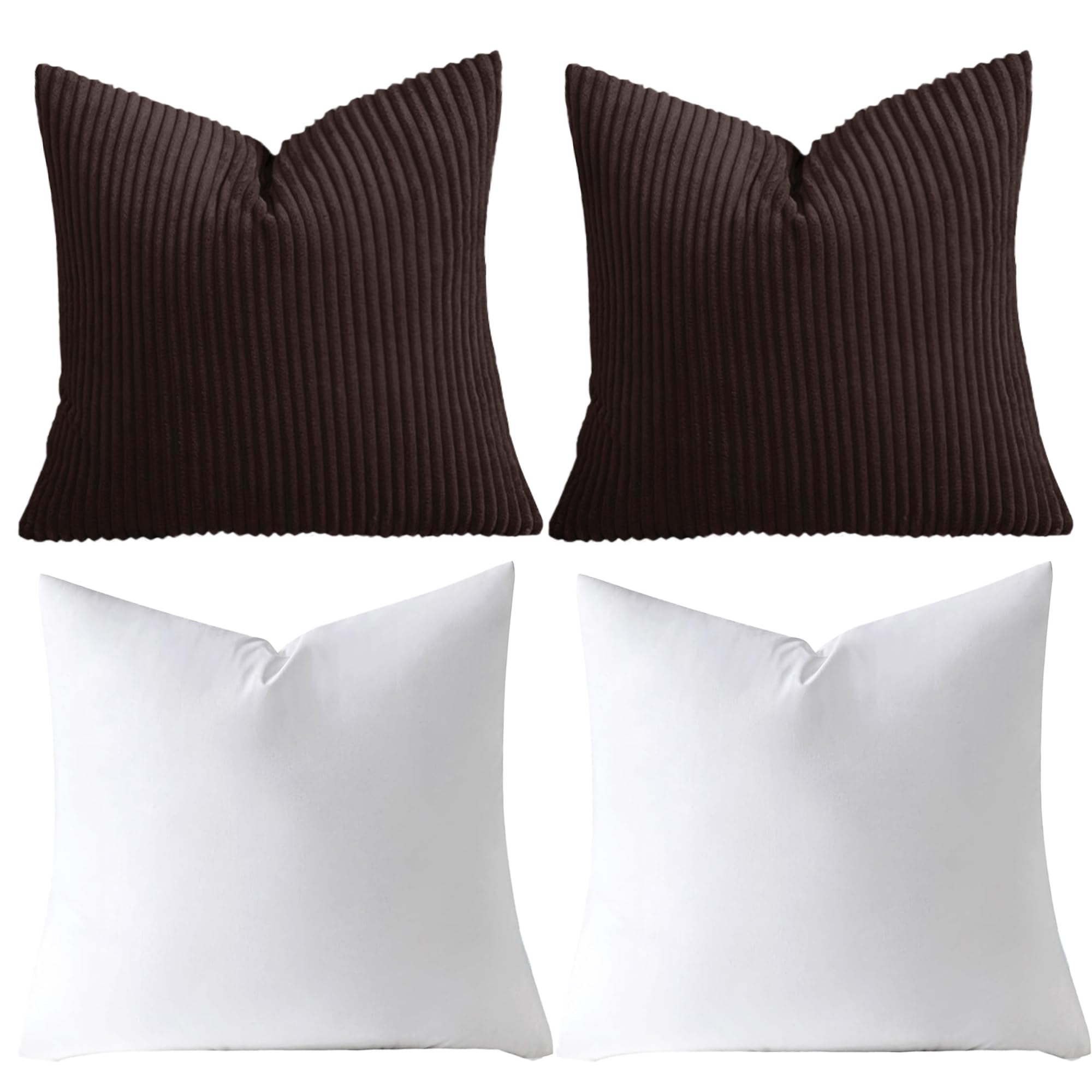 AMEHA Stripe Coffee Velvet Cushions with covers included Pack of 2 (2 Covers 45 x 45 cm, 2 Inserts) Square throw Pillowcases with Invisible Zipper for Sofa Bed Livingroom 18”x18” inches