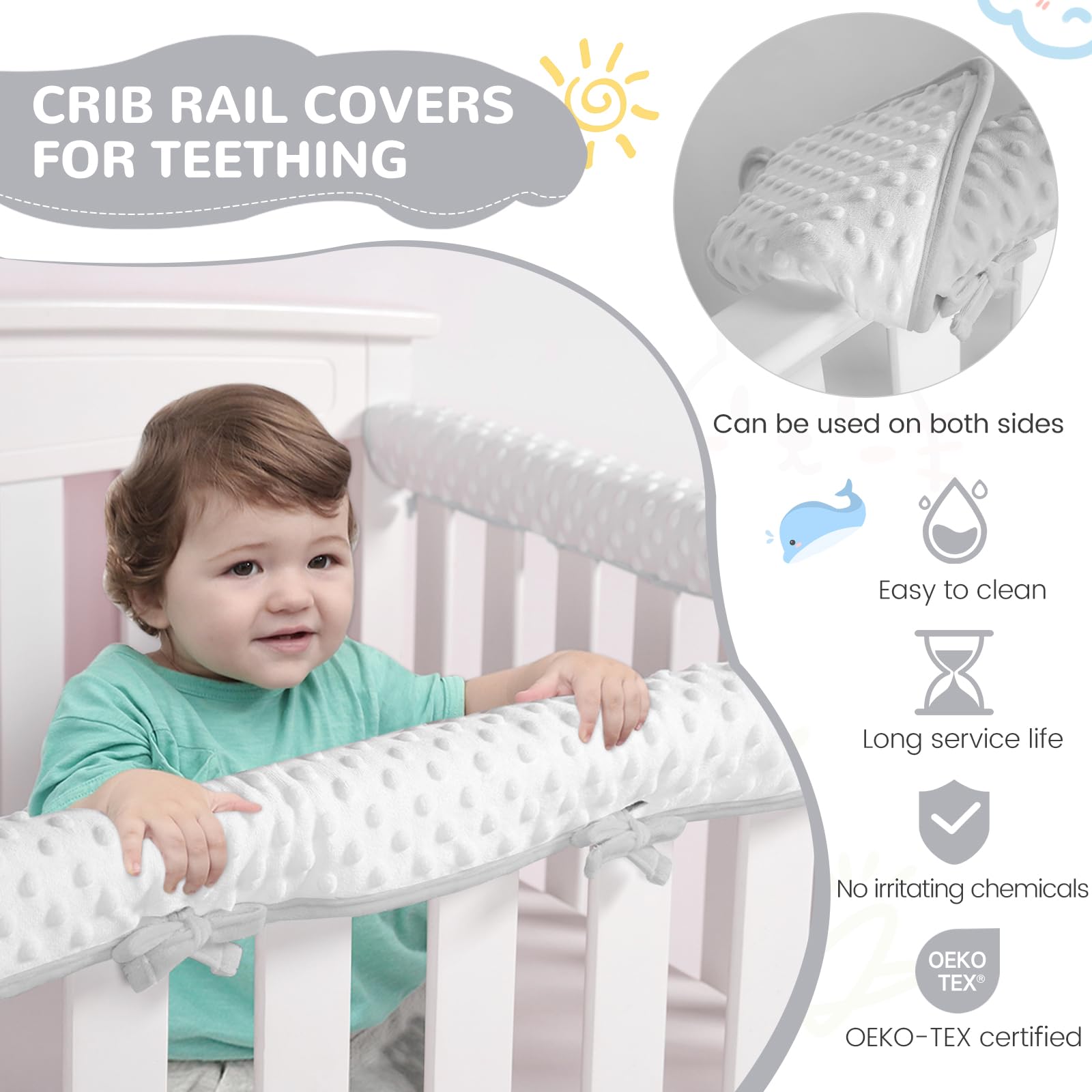 SZRUNZHU 3pcs New Teething Edge Crib Rail Cover&Corner Guard (1 Long 2 Short Gray Plush)