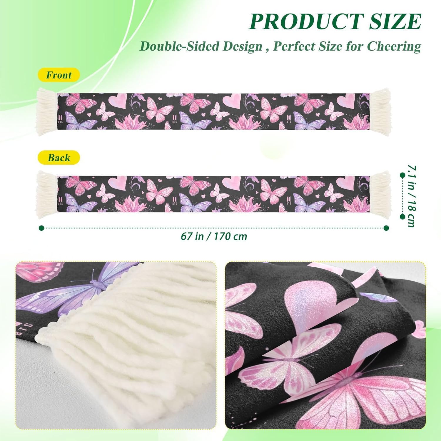 CHIFIGNO Butterflies Flowers Hearts Black Sports Fan Scarf, Soft Polyester Cheering Towel for Soccer Games, Quick Dry Sweat Absorbing Rally Scarf