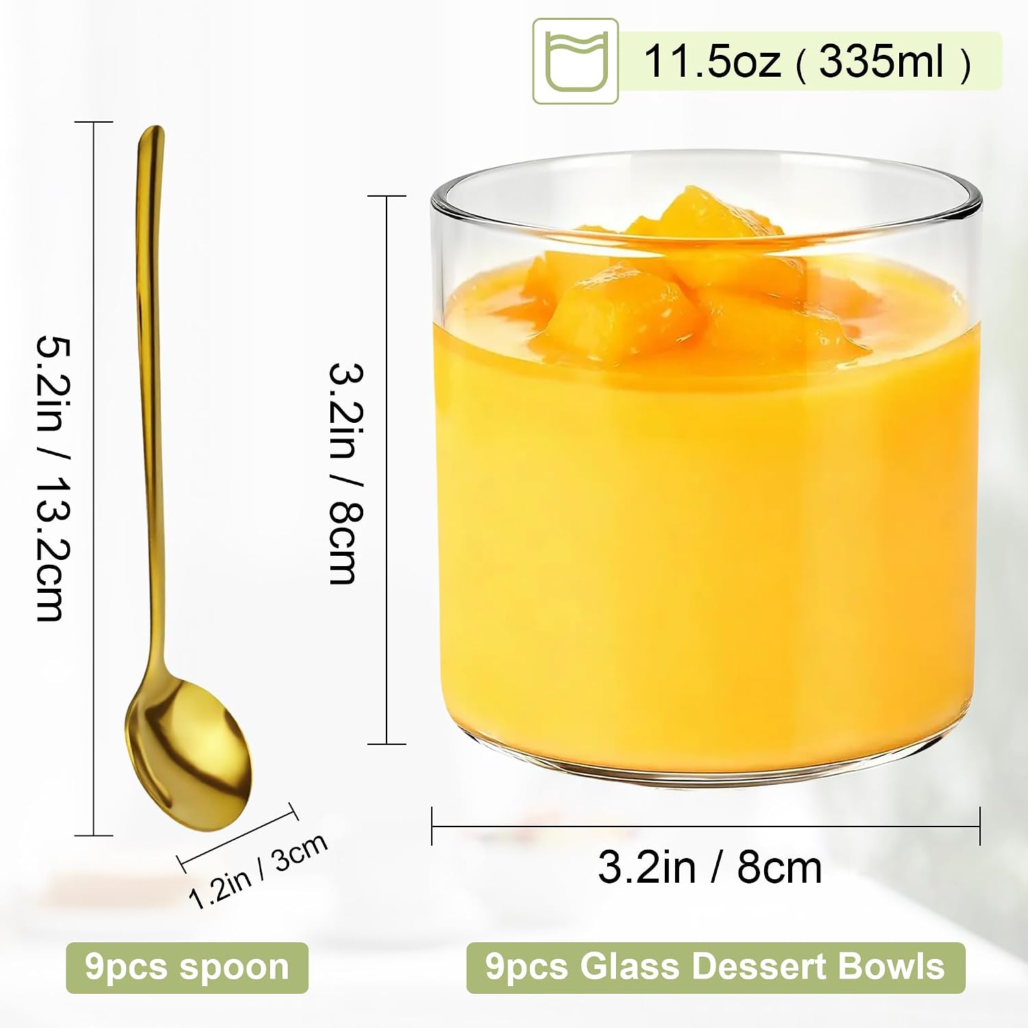 9 Pcs Large Glass Dessert Cups with Gold Spoon 11.5oz