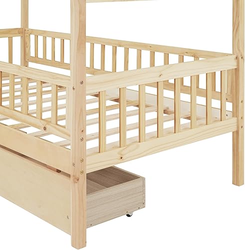 Miniatura 60 de Bellemave Cama de casa tamaño matrimonial con barandillas de valla, marco de cama de madera estilo Montessori para niños, divertidas camas de casa