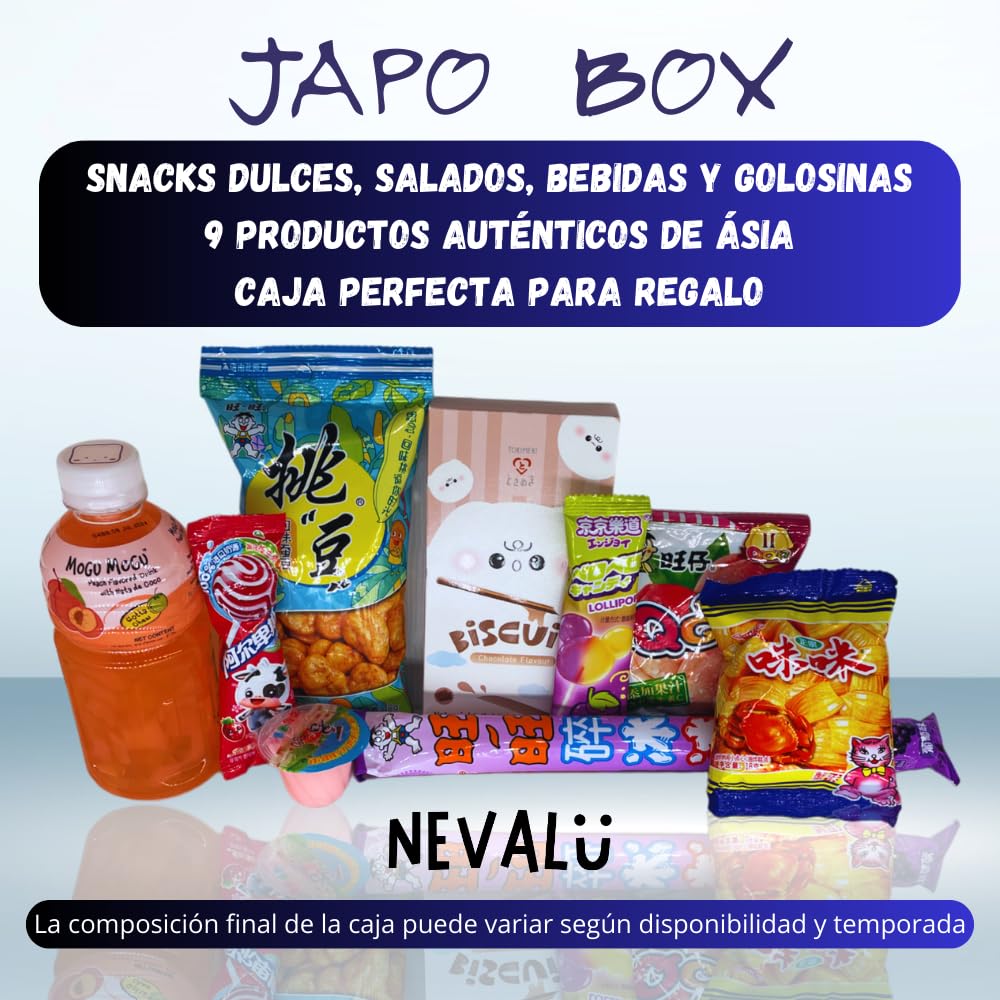 Japo Box NEVALÜ. Caja Anime de Productos Asiáticos para Regalar. Snacks Dulces, Salados, Bebidas y Gominolas.