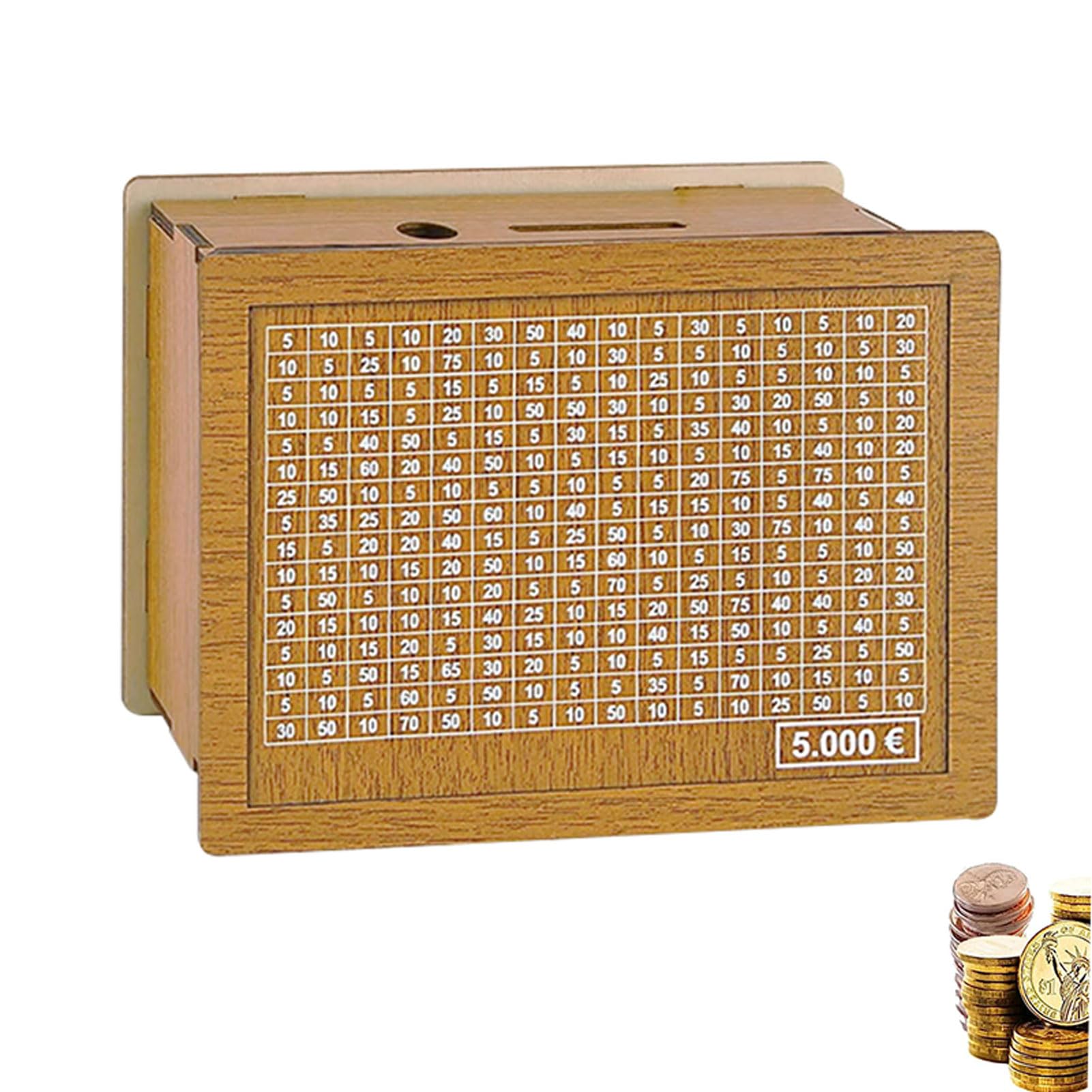 Wooden Money Box, Piggy Bank Numbers Ticks Retro Personalised Money Box, Money Jar for Coin Notes, Reusable Money Saving Box with Counter for Adults Kids (5000)