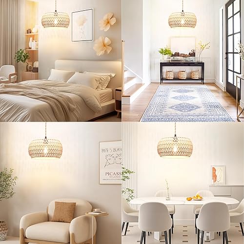Miniatura 6 de Lámpara colgante de ratán con interruptor de encendidoapagado, pantalla tejida de ratán, lámpara colgante enchufable para sala de estar, dormitorio,