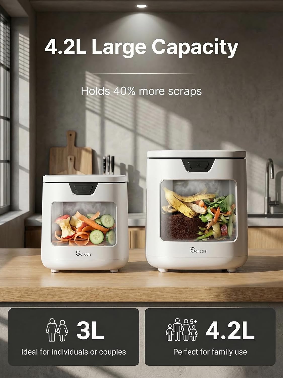 4.2L Electric Composter for Indoor Kitchen, Smart Food Waste Recycler, Turns Garbage to Compost in 4-6 Hours, Odorless Countertop Disposal with 900ML Carbon Filter & Self-Cleaning