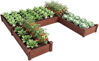 GIANTEX U-Shaped Raised Garden Bed, 5-Section Wooden Garden Planter, Brown | Fir Wood Garden Bed with Open Bottom For Vegetables, Flowers, Herbs In Backyard, Garden, Patio, 92.5"Lx95"Wx11"H