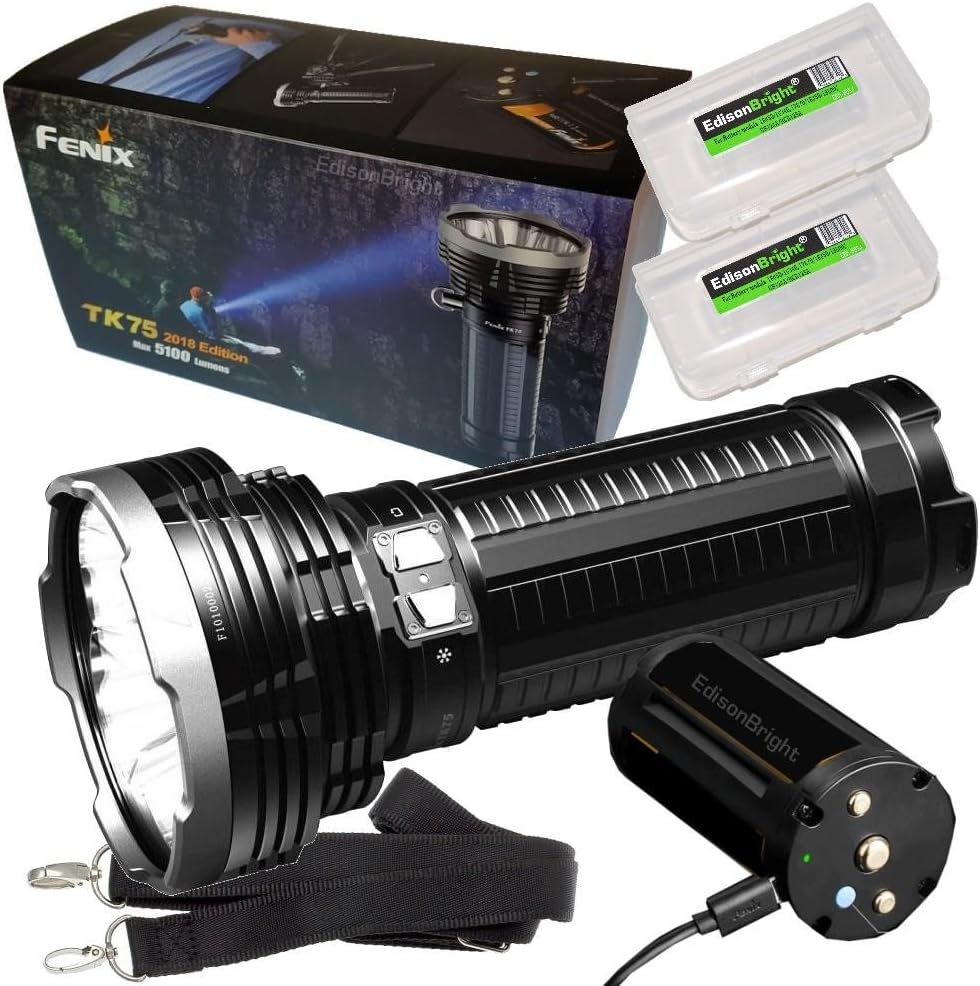 FENIX TK75 5100 Lumen 2018 Edition 4 CREE LED Flashlight/Searchlight with 2 X EdisonBright BBX3 battery carry cases bundle