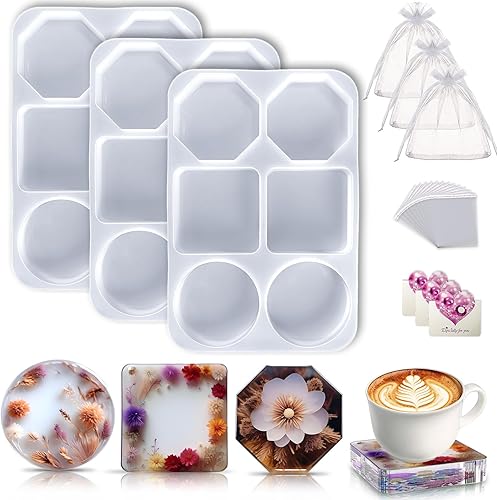 Miniatura 7 de Juego de 20 moldes de resina para posavasos de resina, 6 cavidades, moldes de silicona para resina epoxi, moldes de posavasos para fundición de