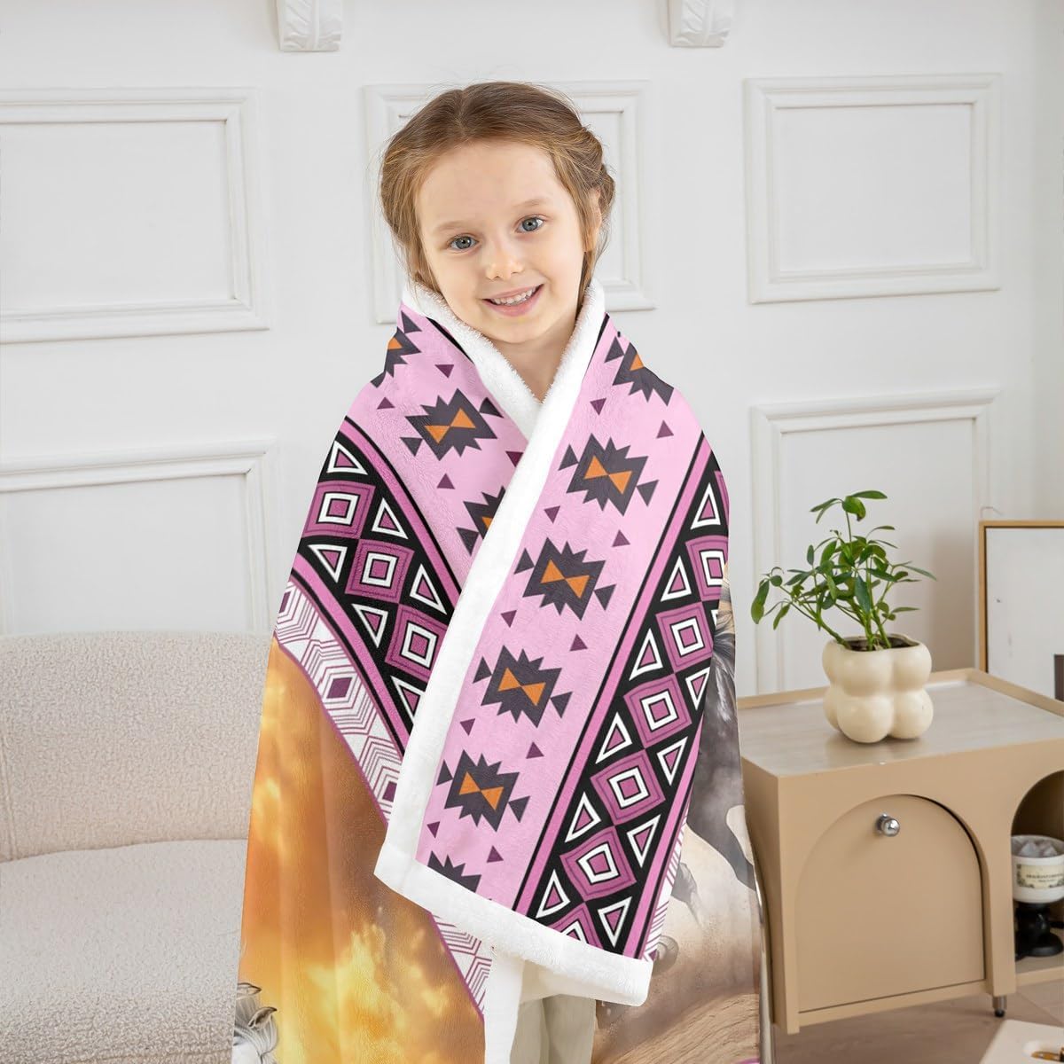 jejeloiu Pink Horse Sherpa Blanket Plush Fuzzy Baby 30"x40" Kids Galloping Horse for Bed Couch Chair Living Room for Boys Girls Wild Western Southwestern Aztec Rustic Farmhouse Fleece Throw Blanket