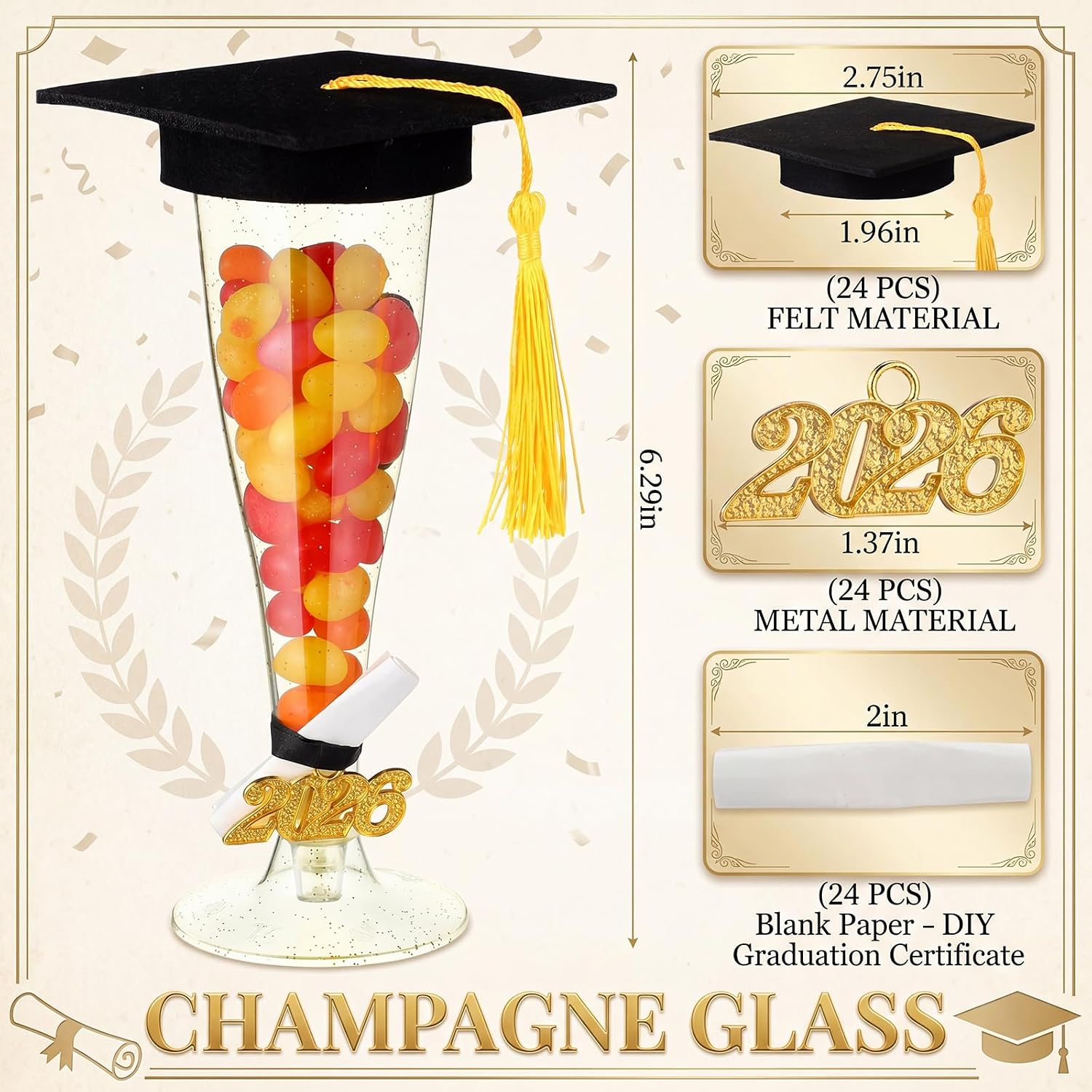 Sieral 24 Sets Graduation Candy Champagne Flute 2026 Graduation Party Favors 4.5 oz Champagne Flutes with Grad Cap Lid Gold Charm for High School College Grad Decoration Guest Gifts Table Centerpieces