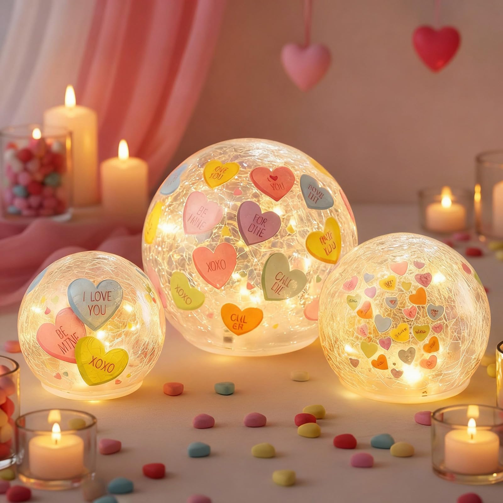 Glooglitter 3pcs Conversation Heart Crackle Glass Ball Lights Valentine's Day Decoration Conversation Heart Ball Night Light Ornaments Valentine's Day Gifts Globes Decor LED Lamp for Tabletop Decor