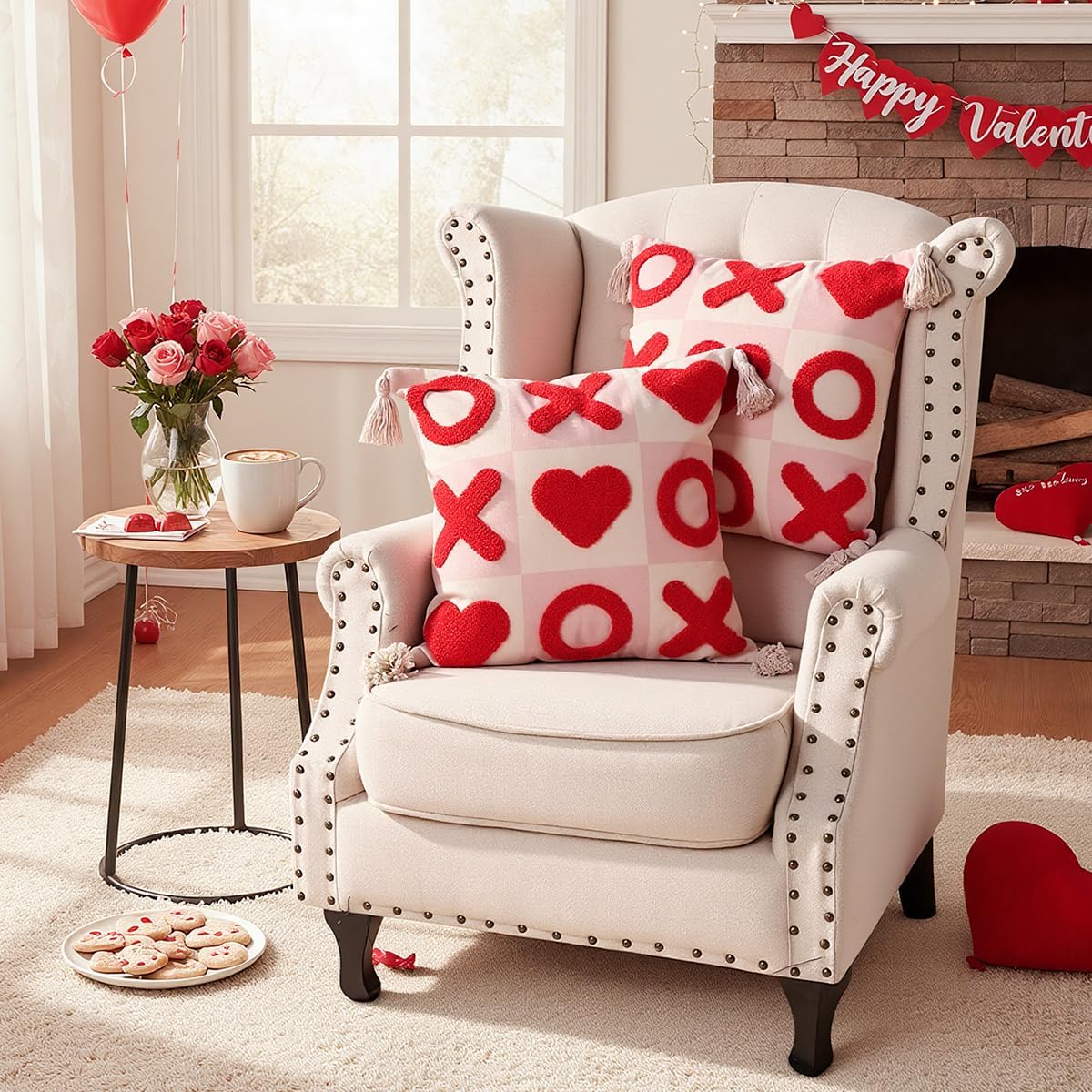 Valentines Day Decor Pillow Covers 18x18, 2pcs Red White XOXO Valentine Decorative Throw Pillowcases with Tassels, Romantic Cushion Covers for the Home Living Room Couch Sofa Bed Party Supplies