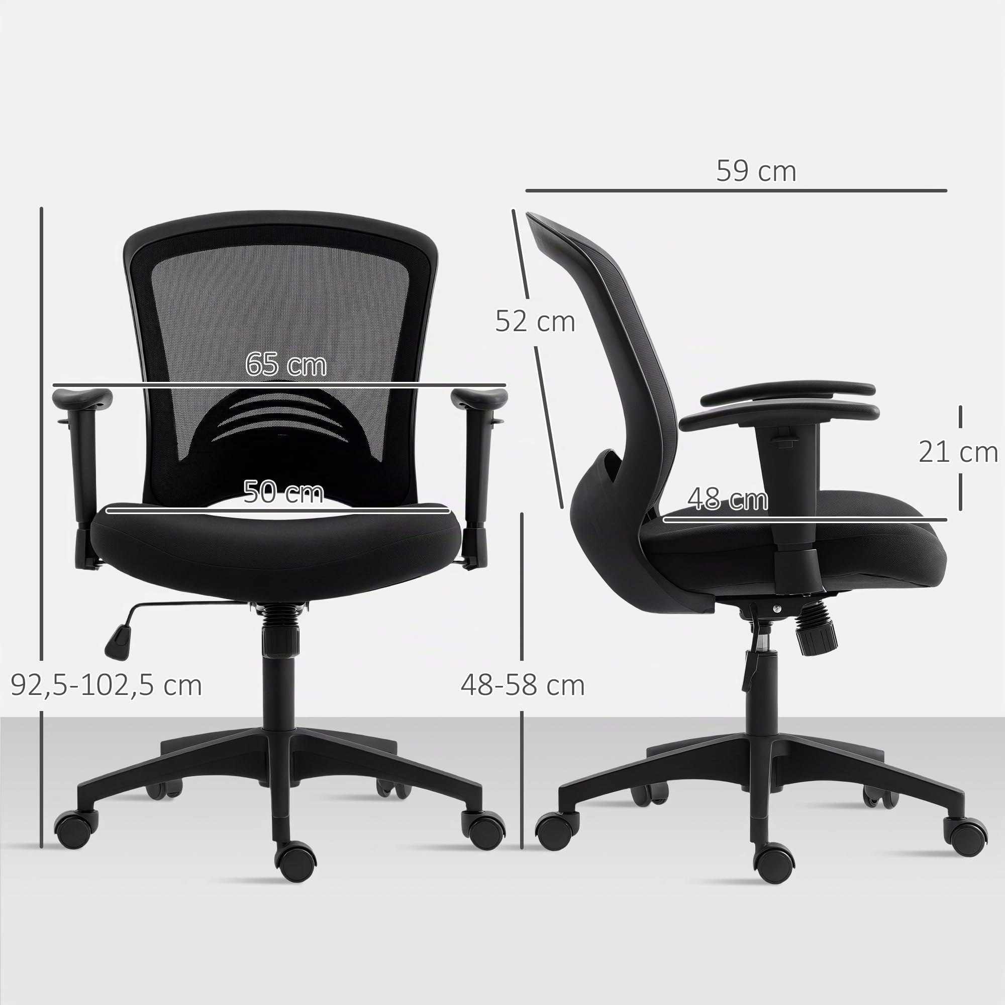 HOMCOM Bürostuhl Ergonomischer Schreibtischstuhl mit Armlehne Schwarz | Höhenverstellbar, Lendenwirbelstütze, Drehstuhl mit Wippfunktion, Computerstuhl mit Netzbespannung